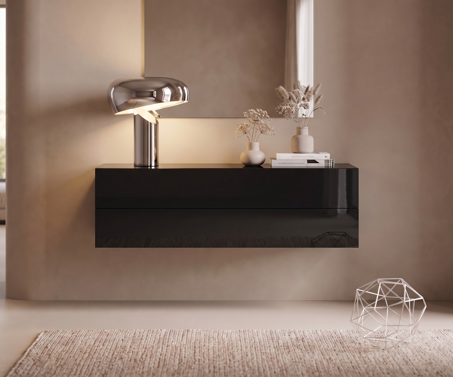 Commode suspendue Novamobili Easy noir brillant Commode suspendue Novamobili Easy noire brillante pour entrée, design italien minimaliste avec deux tiroirs.