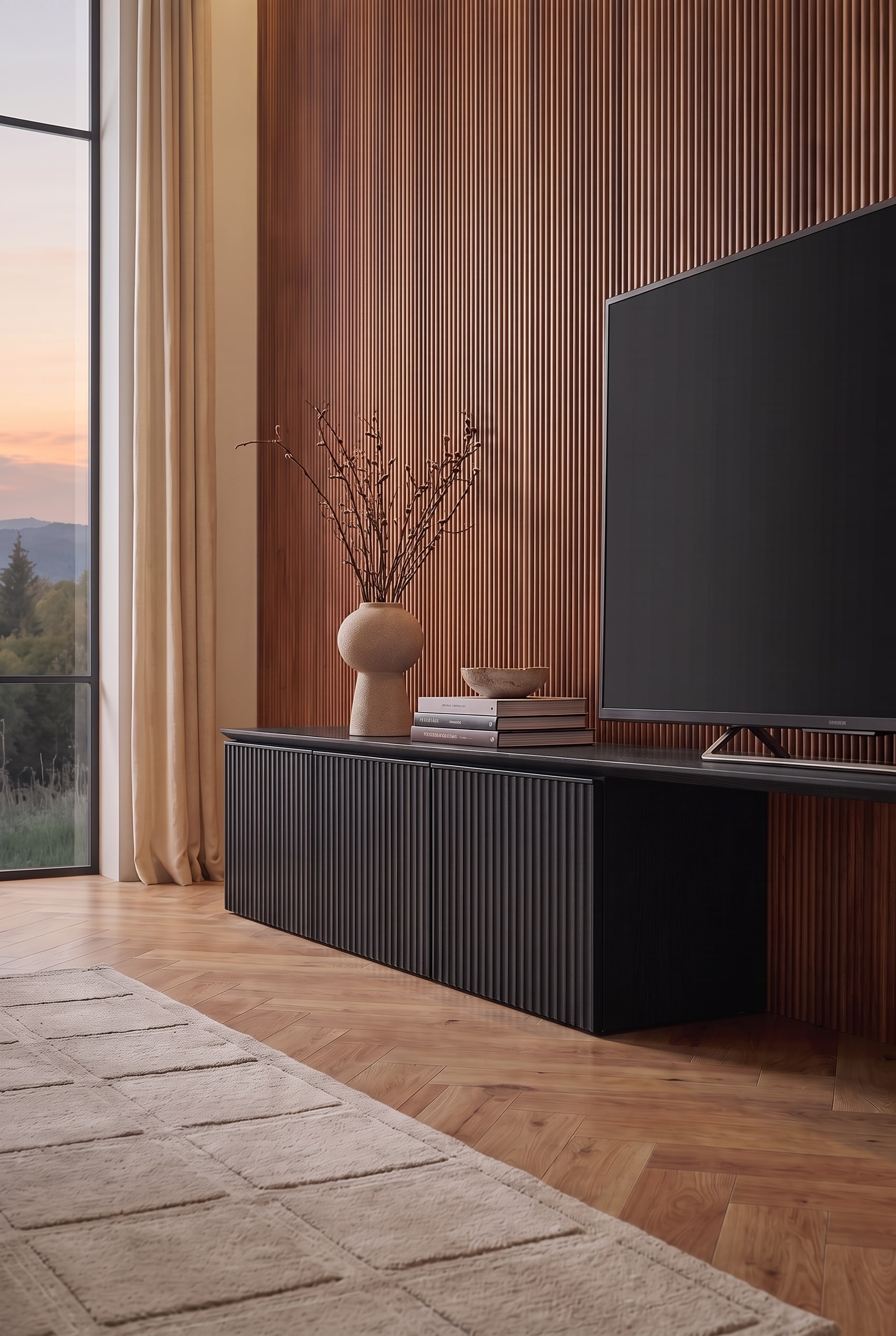 Détail du lowboard noir avec façade rainurée. Dessus se trouvent un vase beige avec des branches et quelques livres à côté du téléviseur.