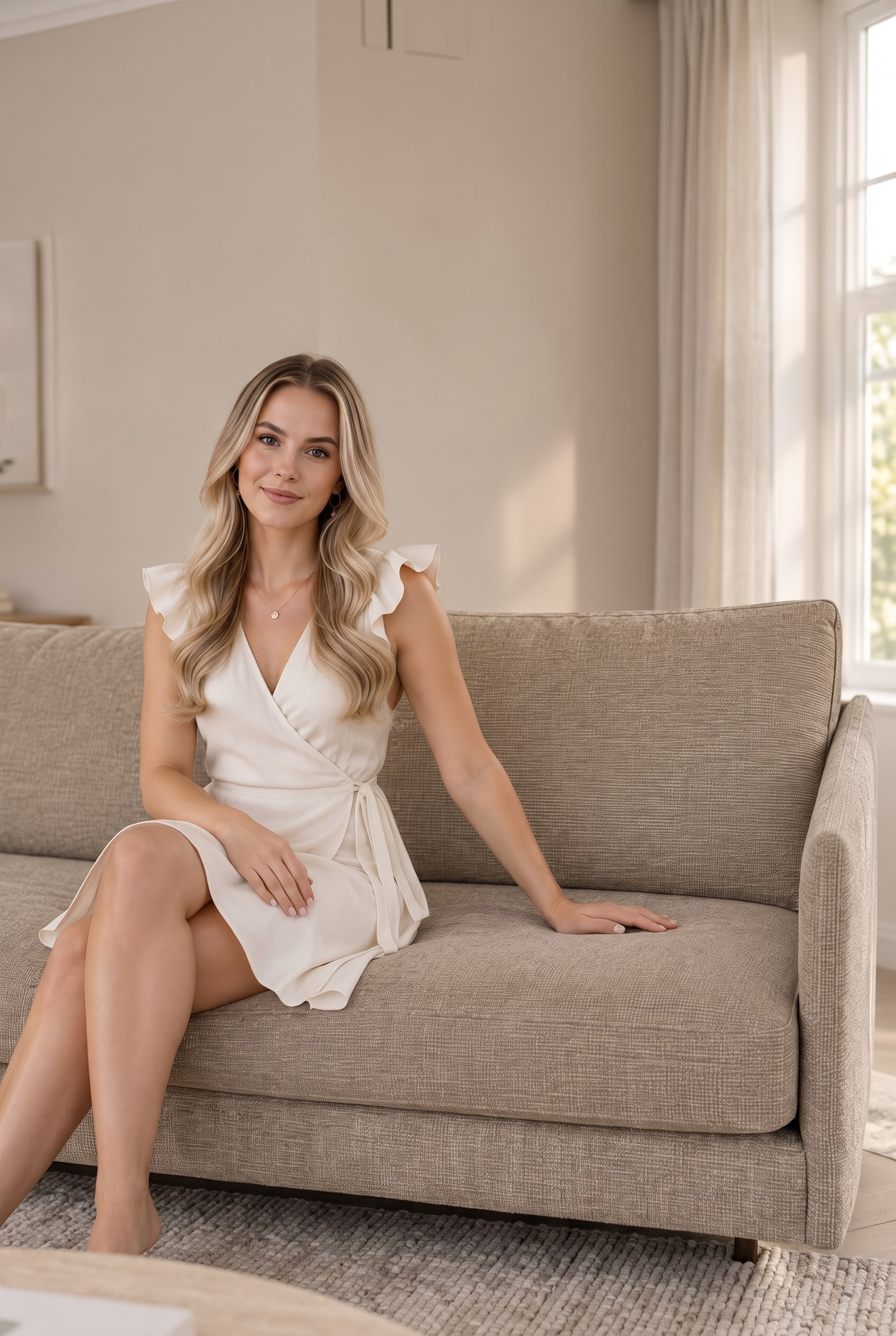 Femme assise d&eacute;tendue sur le canap&eacute;-lit Livitalia Tokino dans un salon lumineux