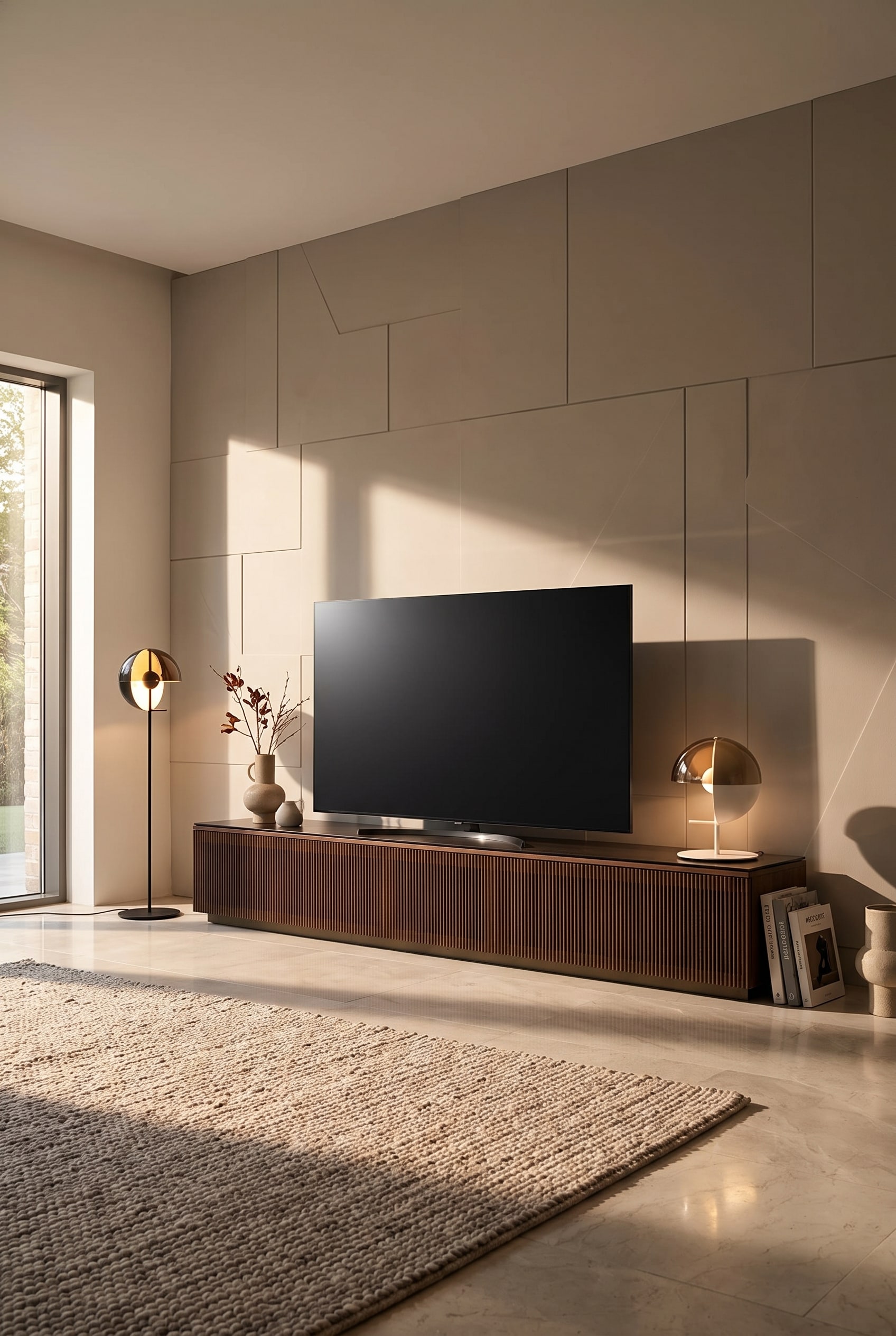 Un &eacute;l&eacute;gant Lowboard al2 Mobius 005 avec un placage en bois noble, faisant partie d'un mur TV moderne et confortable.