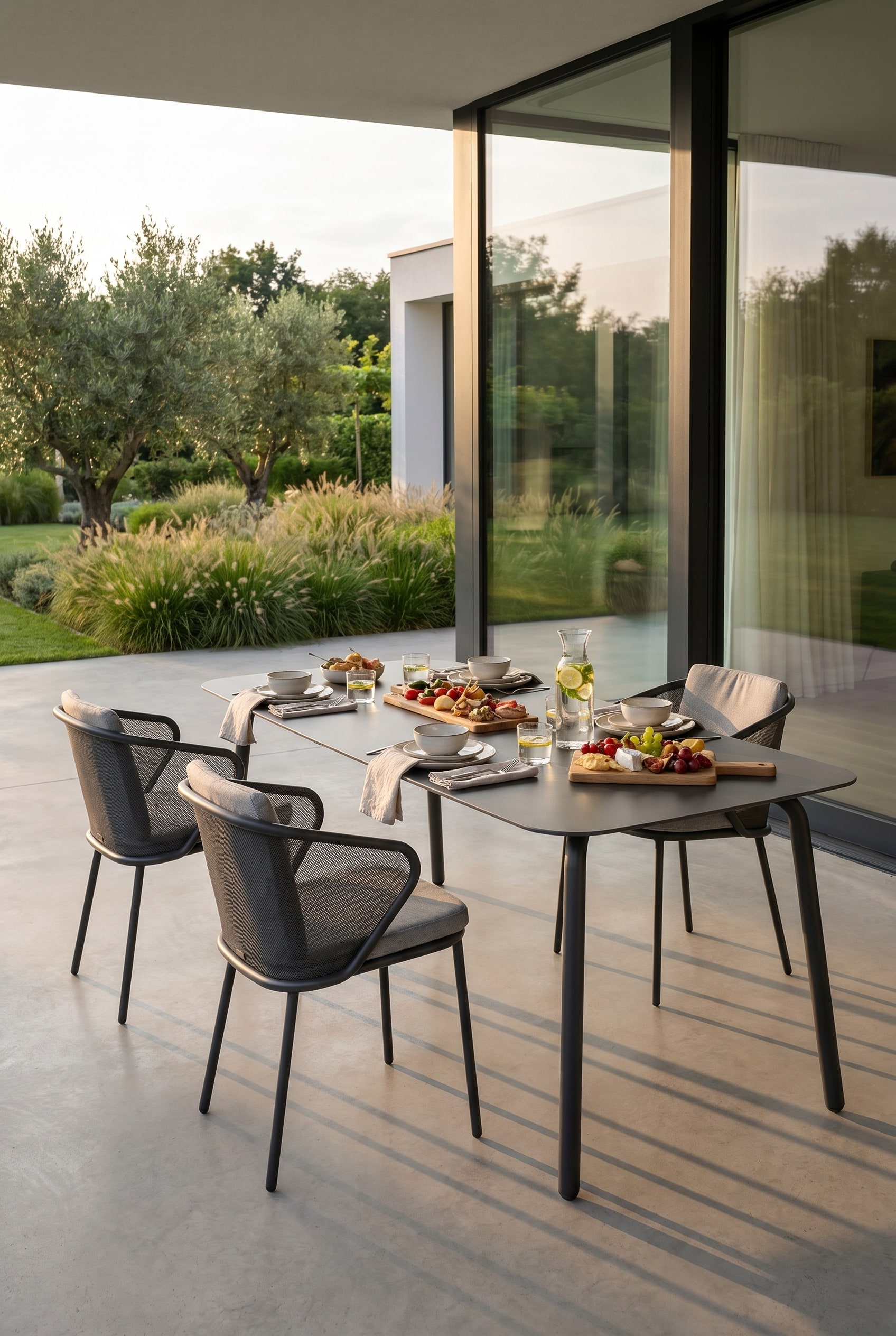 Une table de jardin Todus Condor puriste, élégamment dressée et combinée avec des éléments en bois chaleureux sur une terrasse moderne.