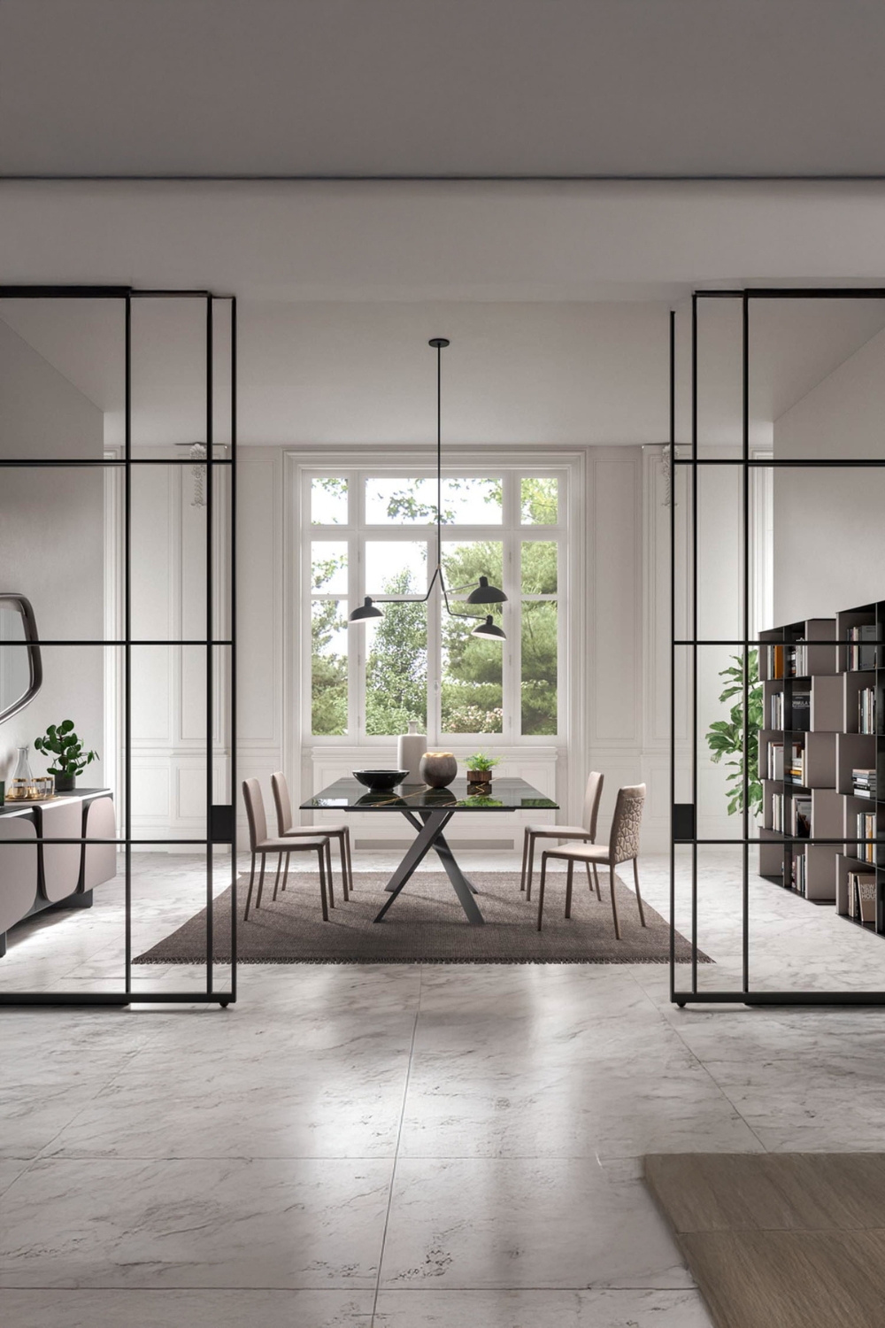 ruime-eetkamer-met-verlengbare-eettafel-tussen-een-sideboard-en-een-wandrek