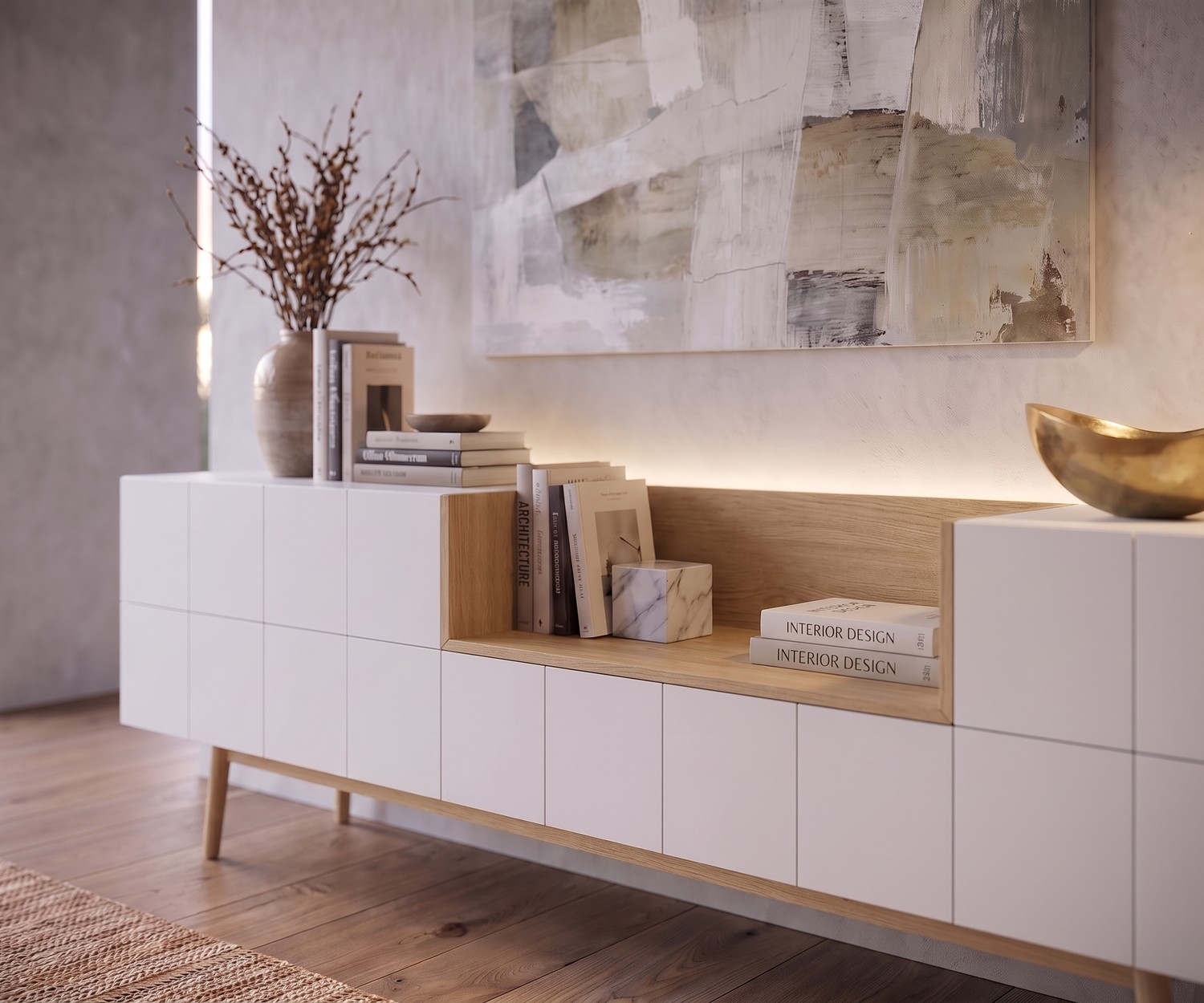 Buffet design al2 MOS-I-KO 003 A blanc et bois Buffet al2 MOS-I-KO 003 A pour le salon, en laque mate blanche et bois de chêne au style rétro moderne.