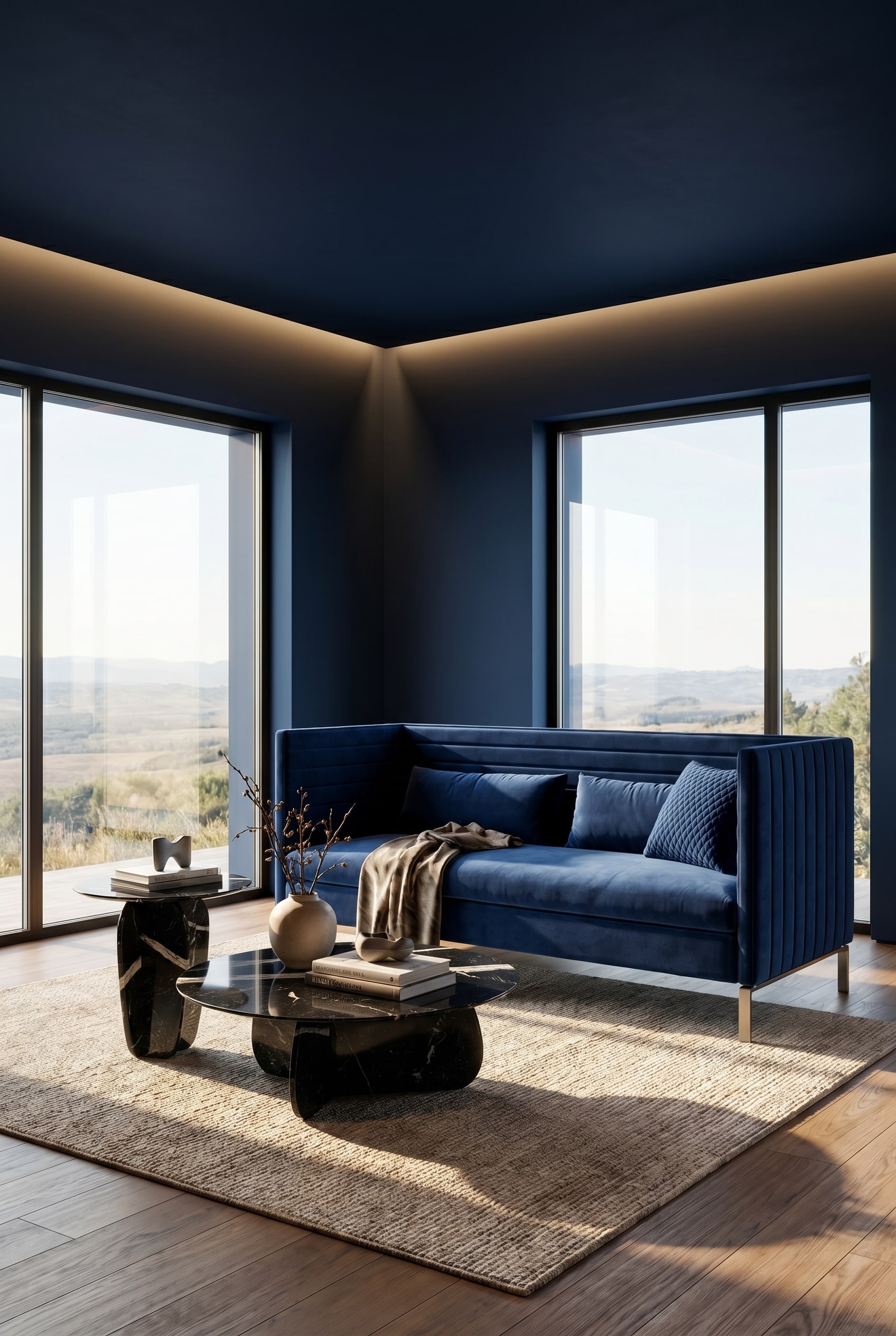 Salon avec un concept de couleur cocooning fonc&eacute; en bleu nuit et un luxueux canap&eacute; bleu avec capitonnage vertical