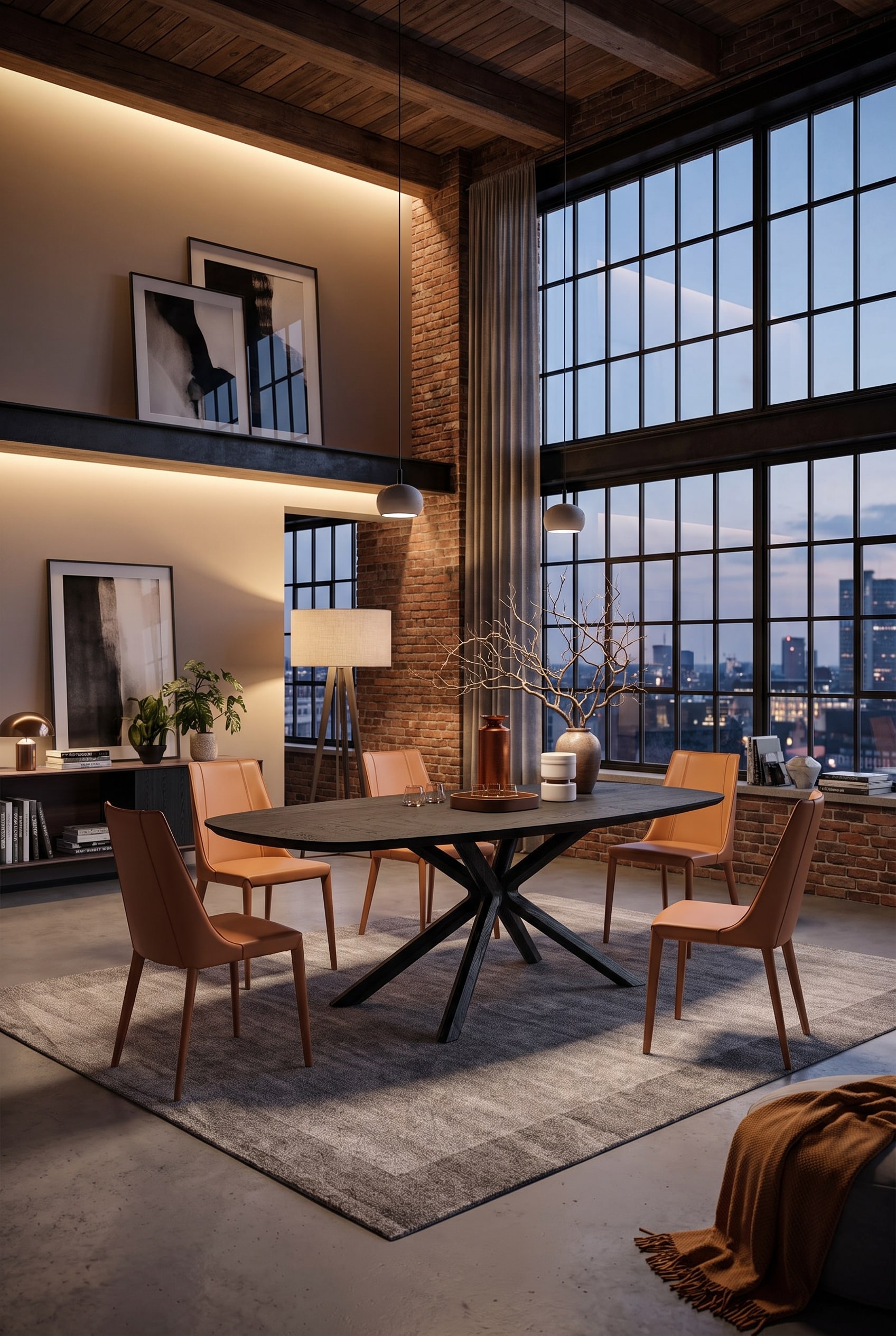 Salle à manger spacieuse dans un loft avec une grande table à manger sombre à piètement croisé et des chaises modernes