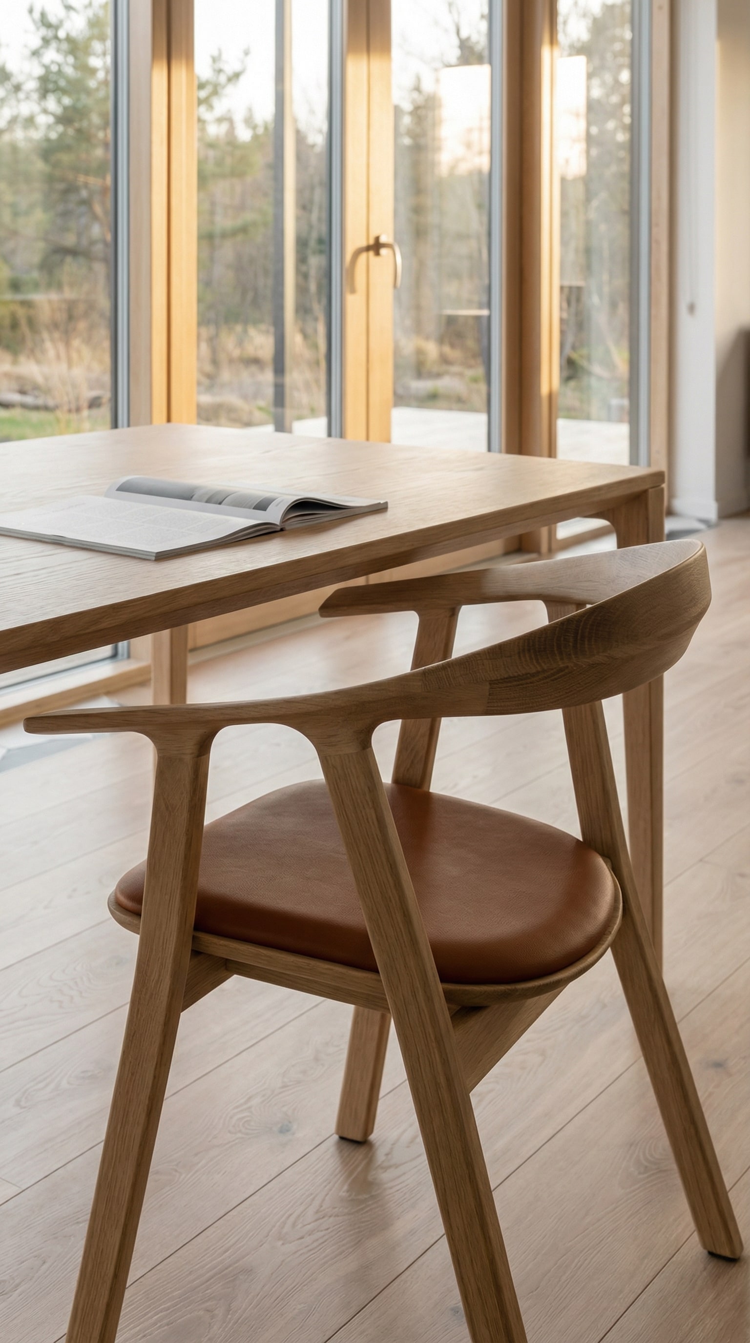 Chaise en bois massif de haute qualité avec rembourrage en cuir marron à une table en bois clair Chaise en bois massif de haute qualité avec rembourrage en cuir marron à une table en bois clair