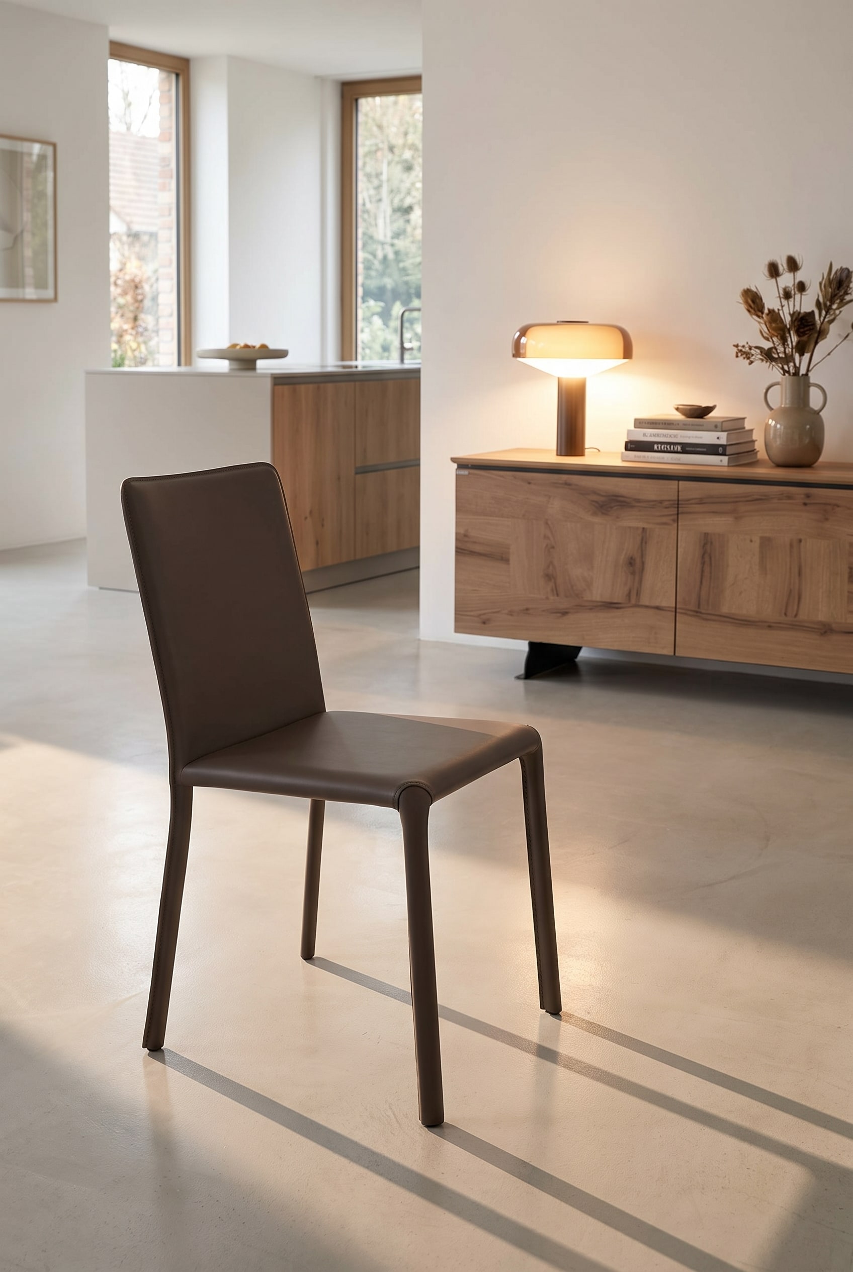 Chaise de salle &agrave; manger recouverte de cuir marron avec dossier continu devant un buffet clair