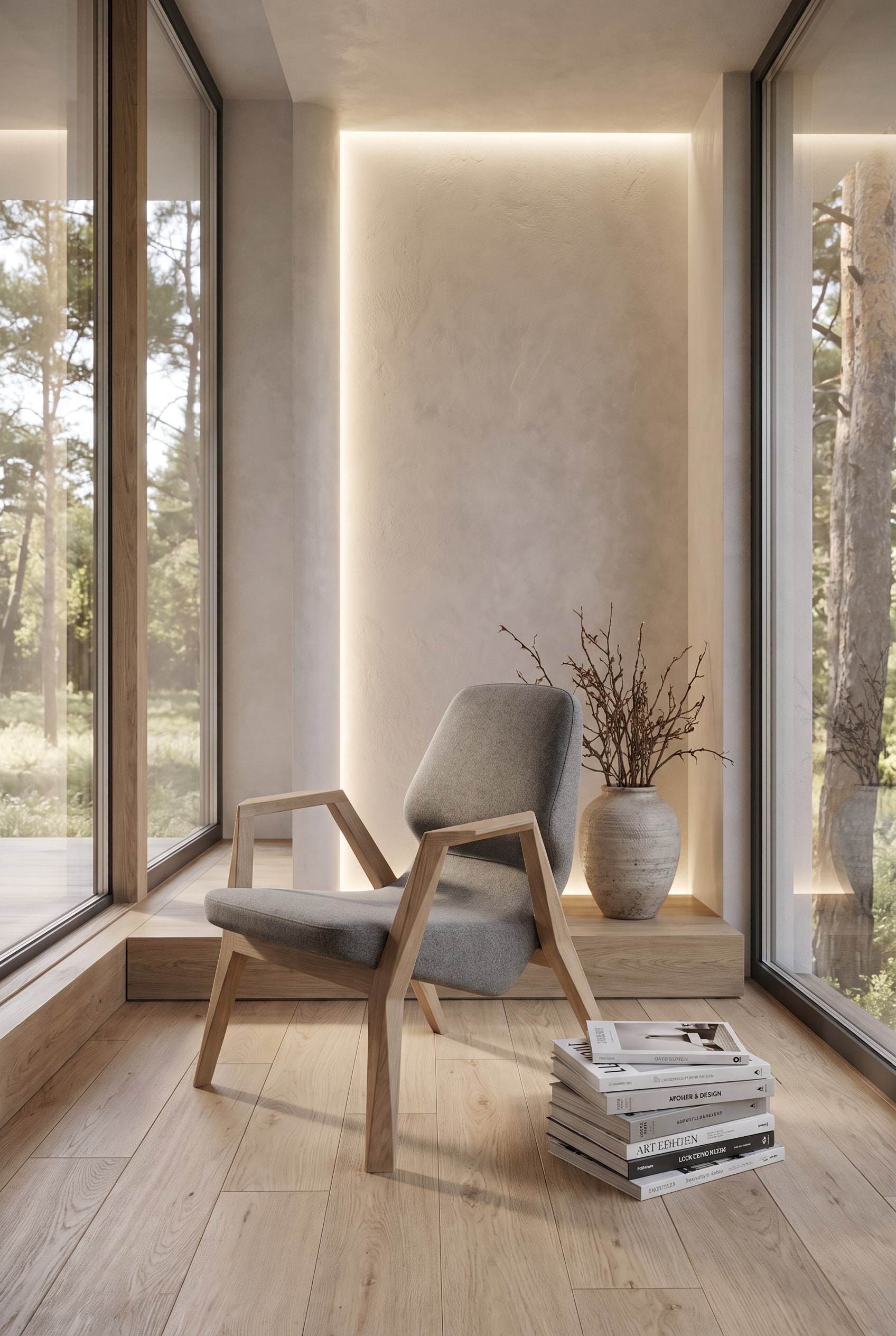 Salon d'inspiration scandinave avec fauteuil en bois et rev&ecirc;tement en tissu textur&eacute;