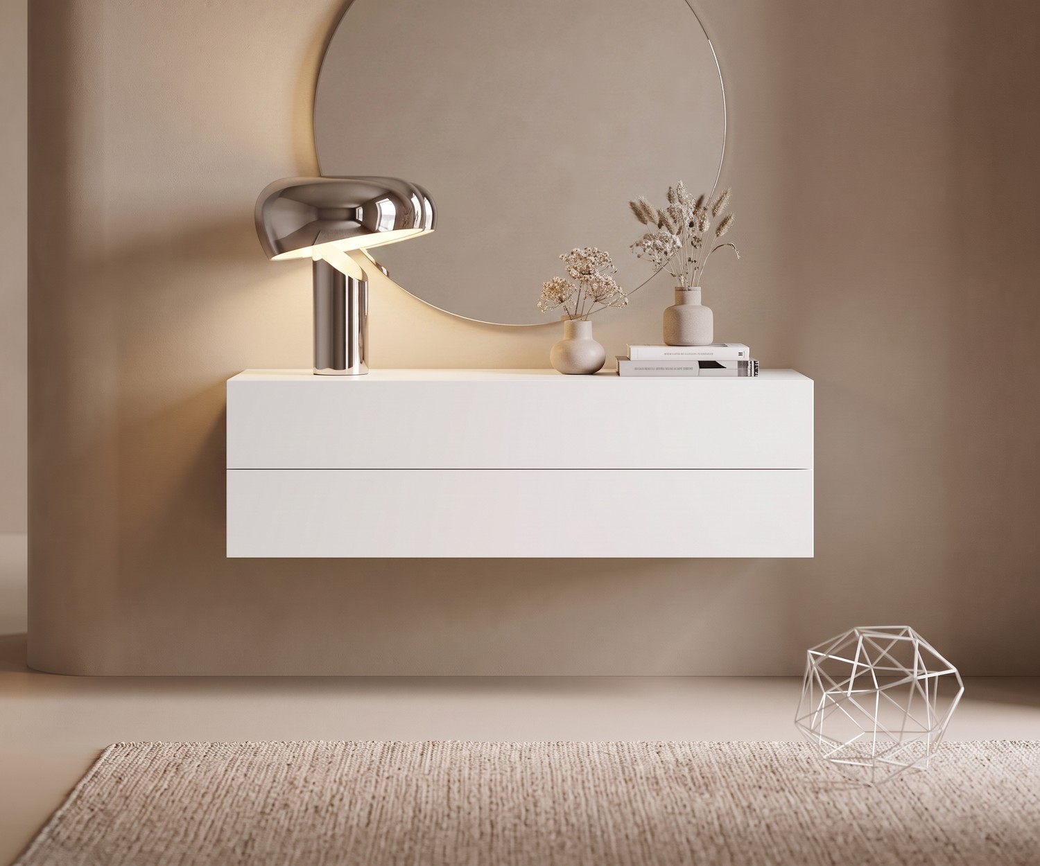 Zwevende ladekast Easy van Novamobili. Witte hangende commode met 2 laden in een minimalistische hal of slaapkamer.