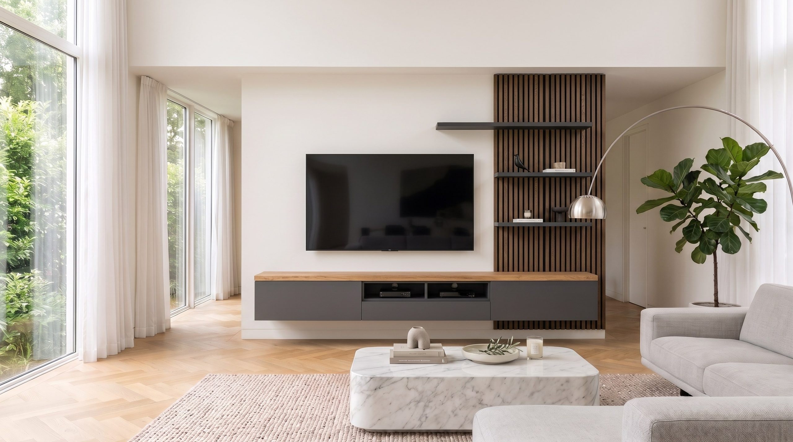 Salon avec meuble bas Livitalia C101 suspendu en gris foncé avec plateau en bois clair sous la télévision, à côté un panneau à lattes avec étagères