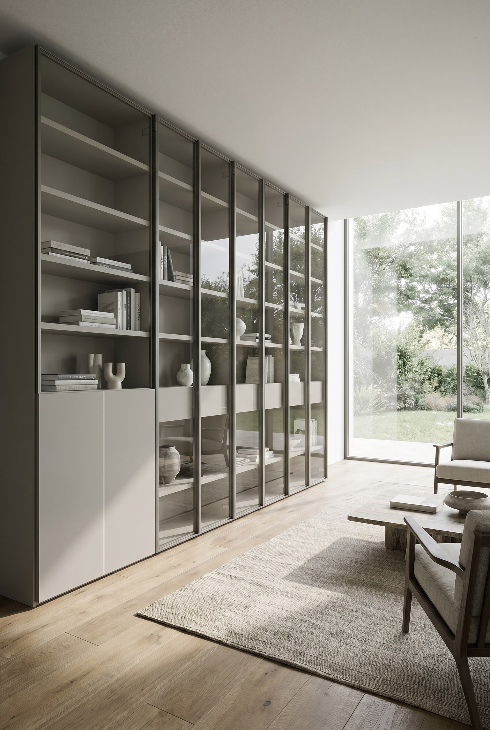 &Eacute;tag&egrave;re m&eacute;tallique modulaire grise avec des profils extr&ecirc;mement fins et des livres dans une architecture moderne et lumineuse
