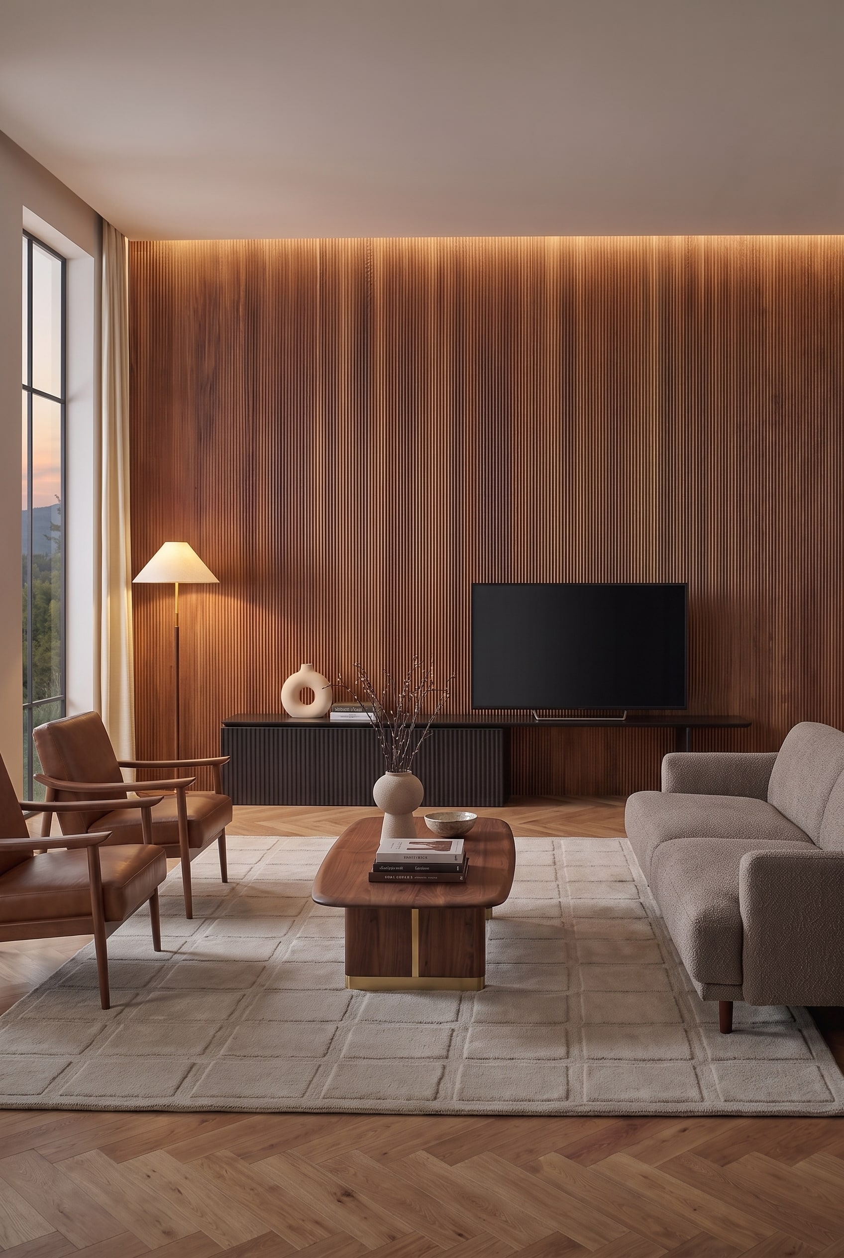 Vue d'ensemble frontale du salon avec mur à lattes en bois foncé, meuble bas noir, télévision, canapé beige et fauteuils en cuir.