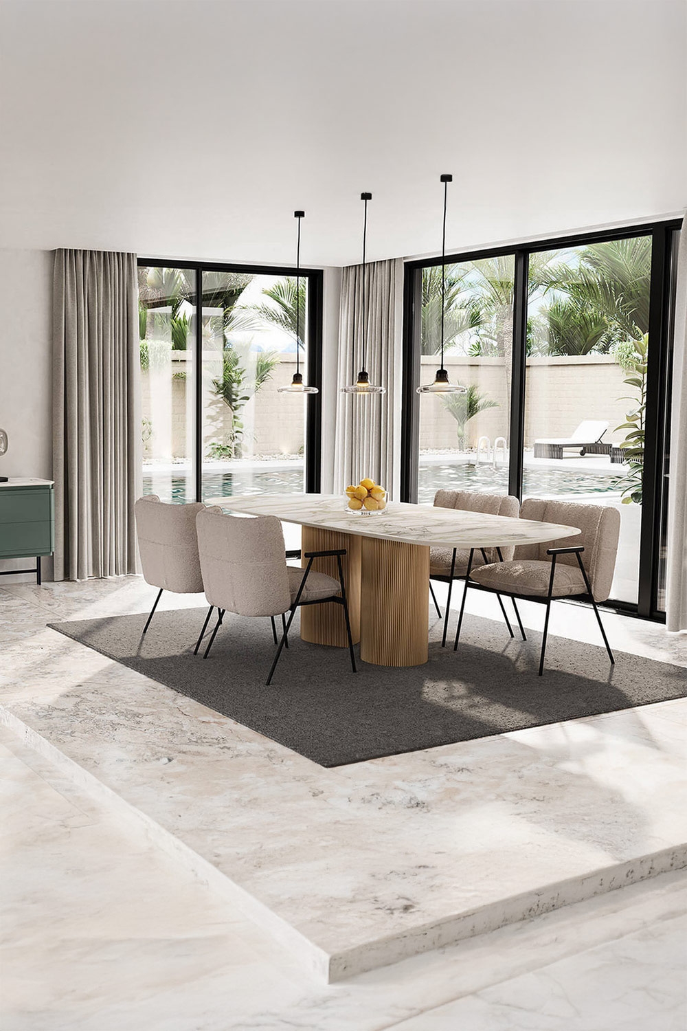 eettafel-met-opvallend-onderstel-en-delicaat-tafelblad-aangevuld-met-eetkamerstoelen-met-filigrane-poten-en-gestoffeerde-zitting