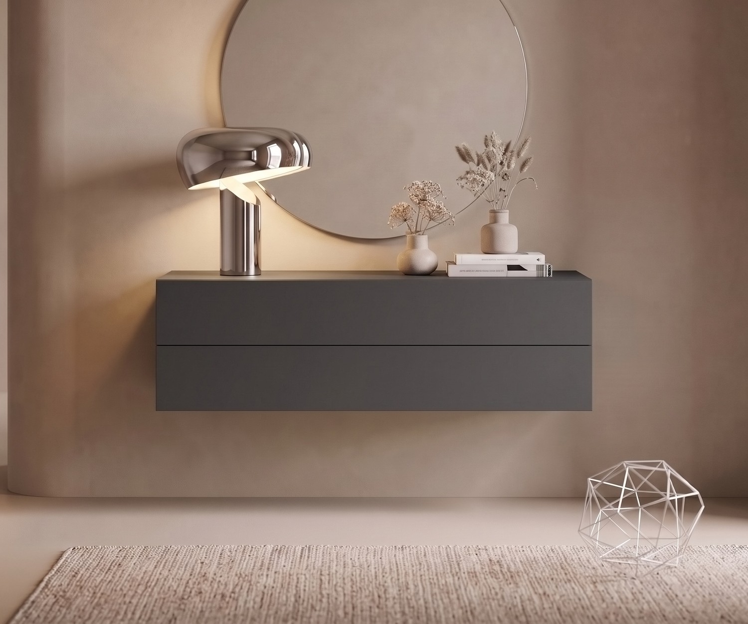 Commode suspendue Novamobili Easy gris quartz Commode suspendue Easy de Novamobili, buffet mural minimaliste gris quartz à deux tiroirs pour l'entrée ou la chambre.