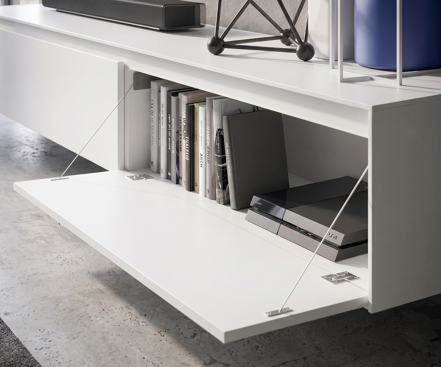 TV-meubel Novamobili Reverse in mat wit met klep TV-meubel Novamobili Reverse voor woonkamer met geopende klepdeur, opbergruimte voor spelcomputer en boeken, mat wit design