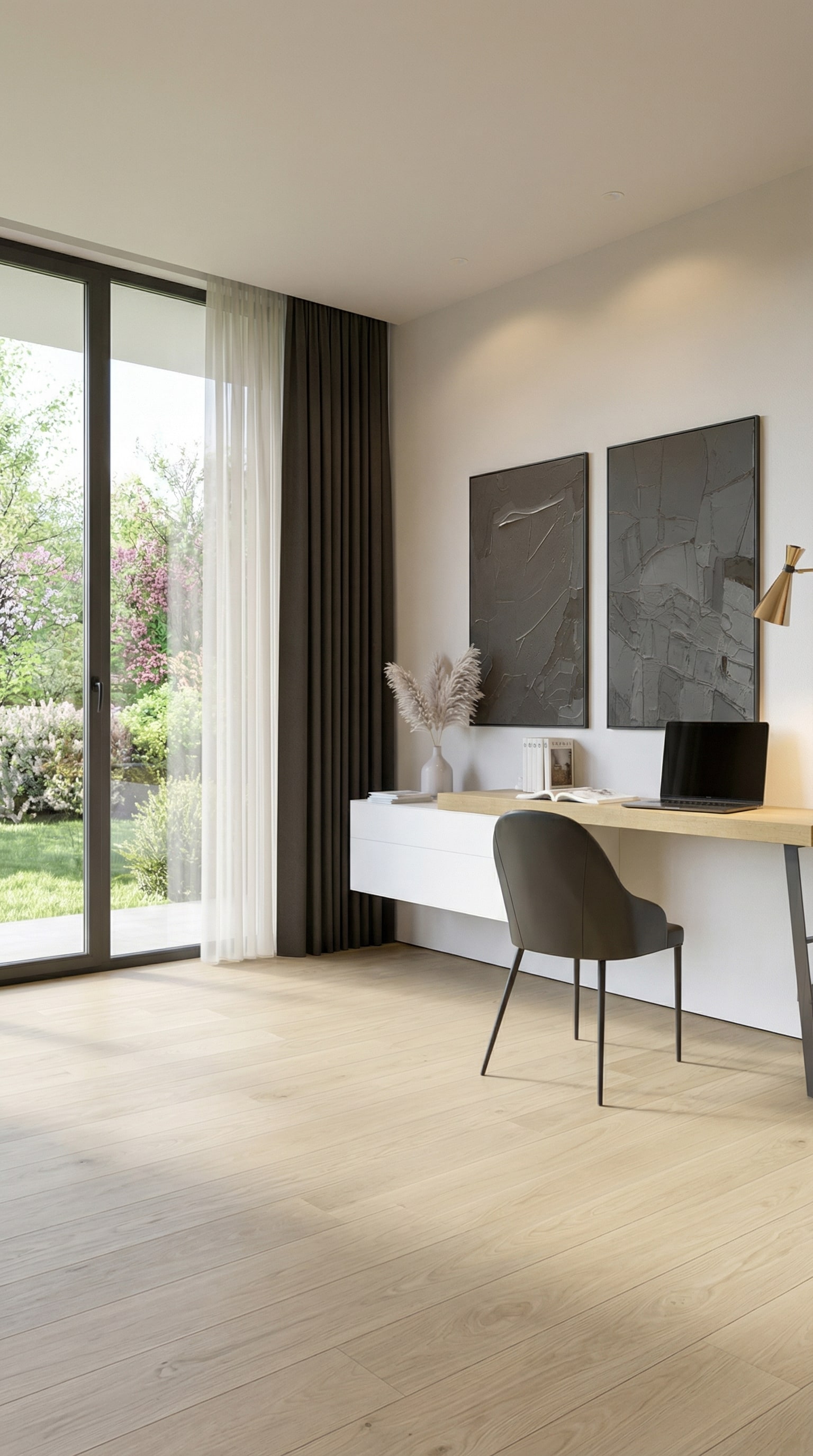 Zwevende witte wandladekast met een houten blad in een lichte ruimte