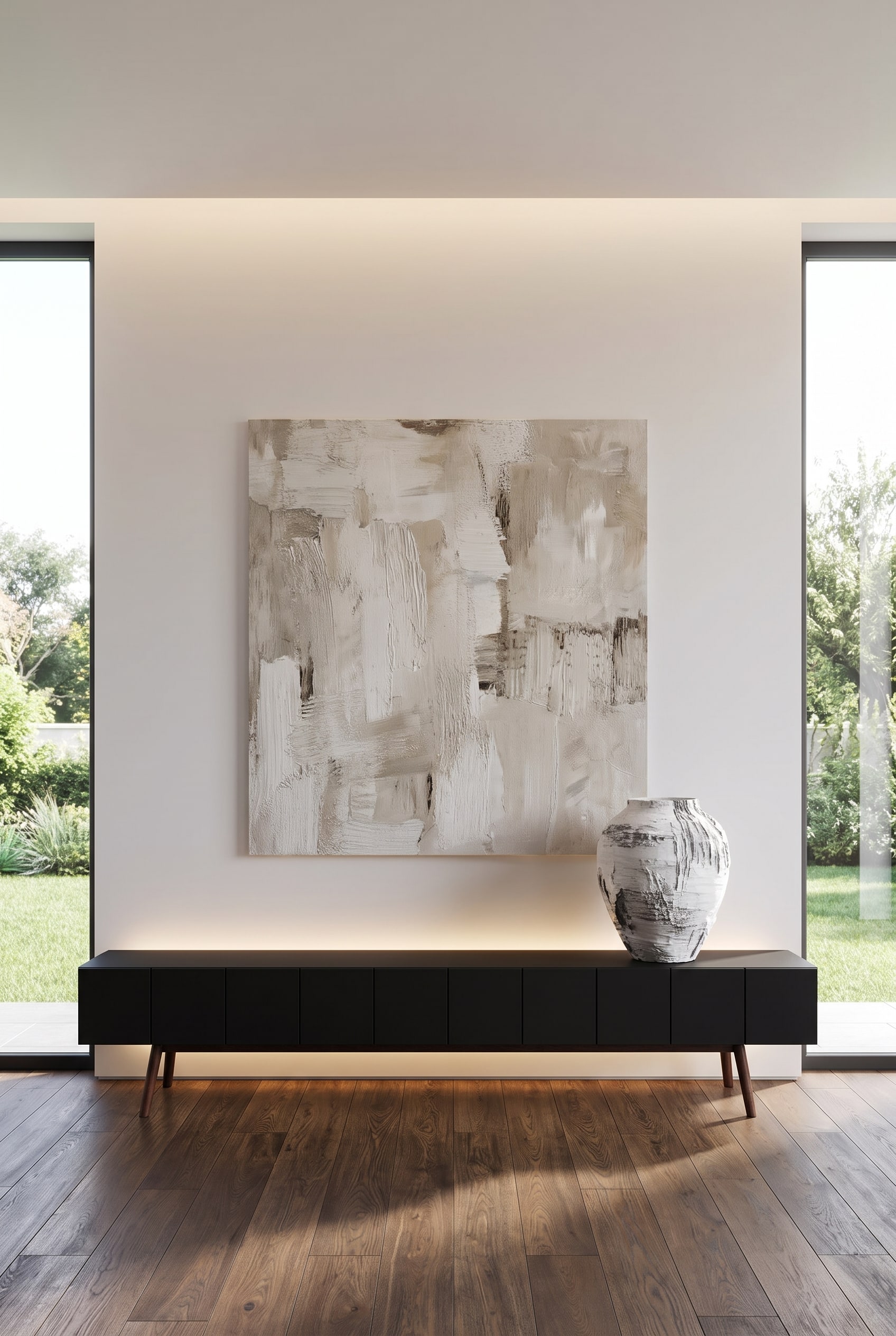 Salon artistique avec un lowboard structuré sans poignée et un grand vase design