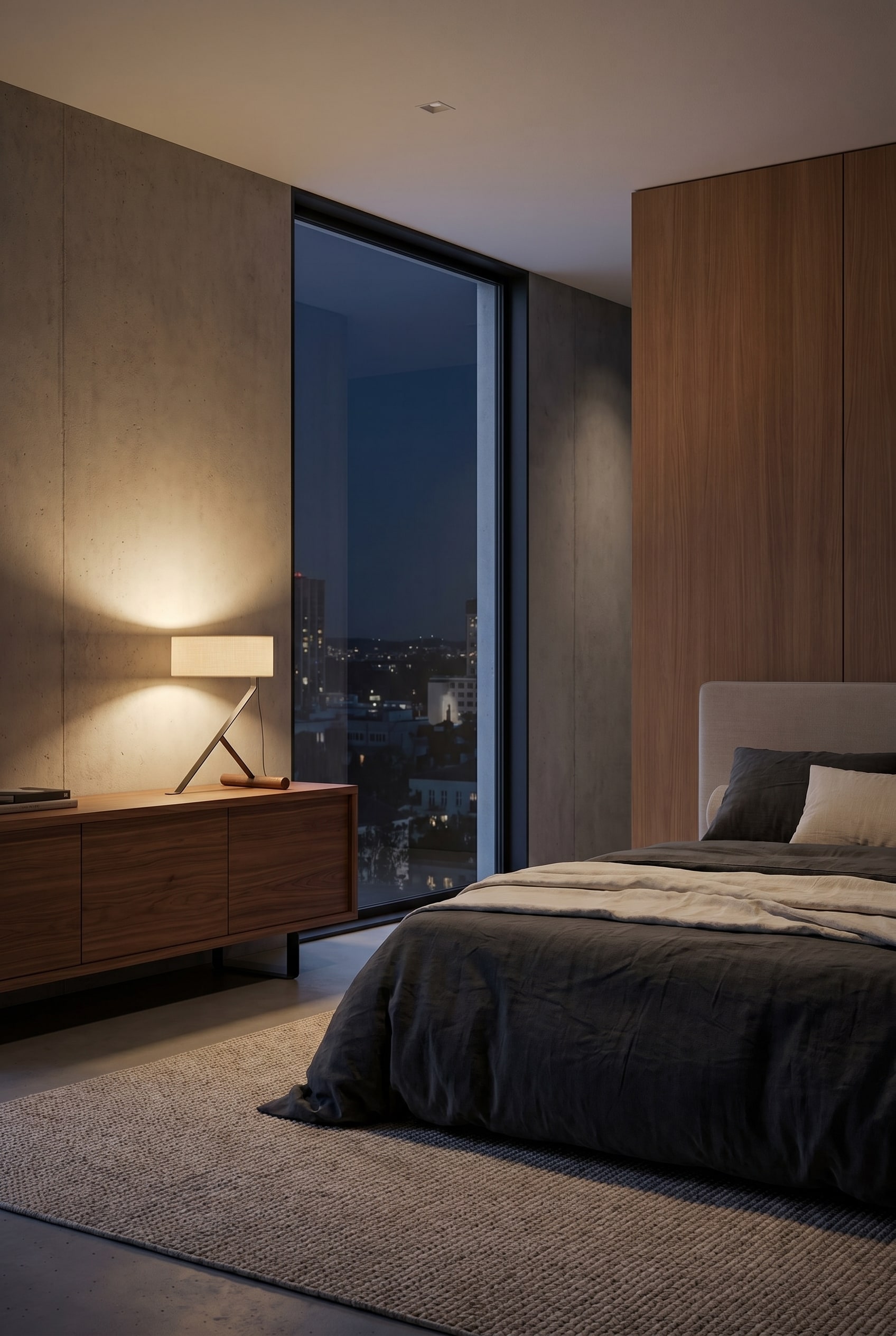 Une lampe de table moderne sur une commode en bois, diffusant une lumi&egrave;re douce et indirecte dans la chambre
