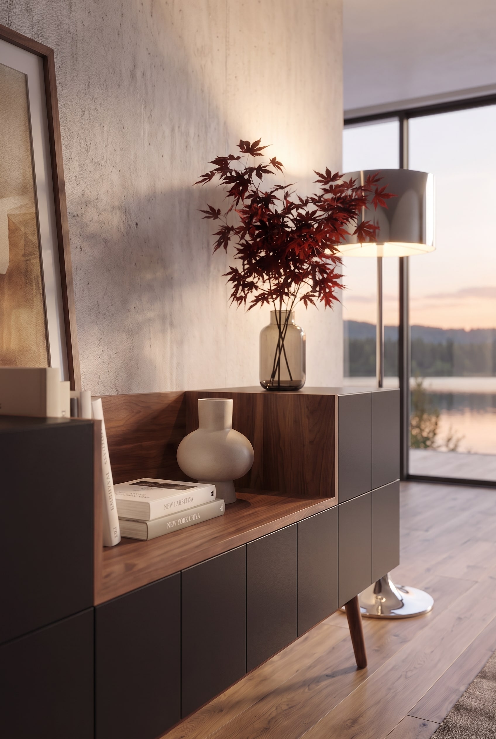Detailaufnahme eines dunklen Sideboards mit offenem Holzfach, dekoriert mit einer beigen Vase, B&uuml;chern und dunkelroten Ahornzweigen.