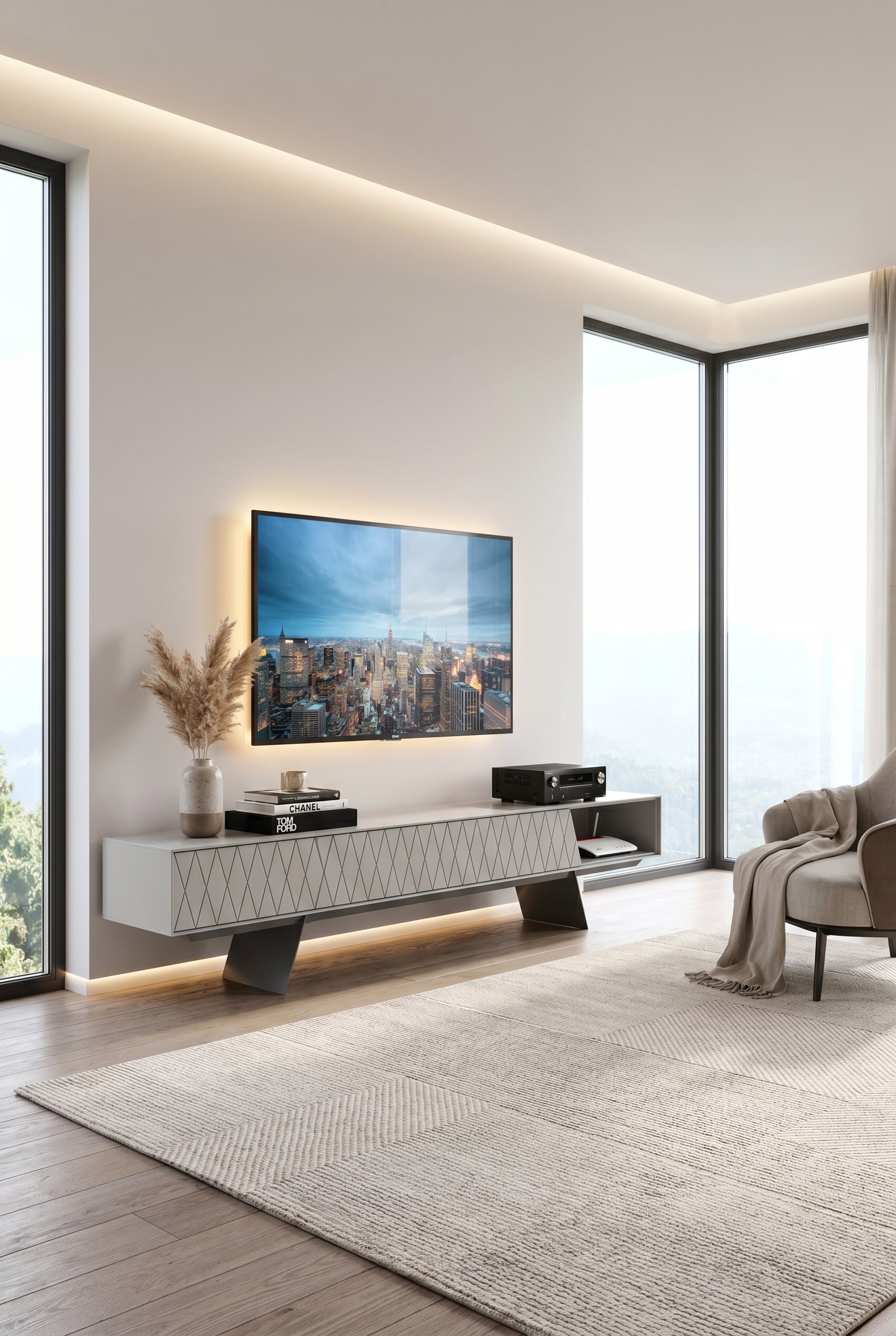 Salon lumineux avec un meuble bas al2 e-klipse 008 gris clair, un motif en losanges délicat sur les façades et un récepteur