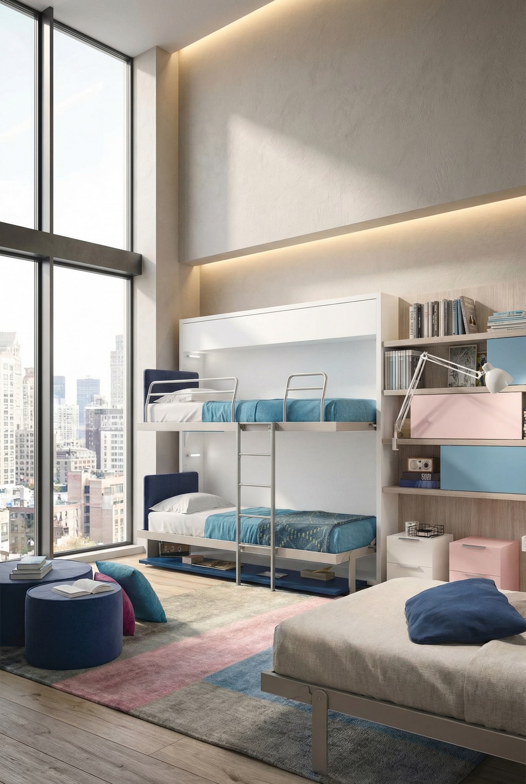 Lit escamotable moderne d&eacute;pli&eacute; en lit superpos&eacute; dans un studio &eacute;l&eacute;gant