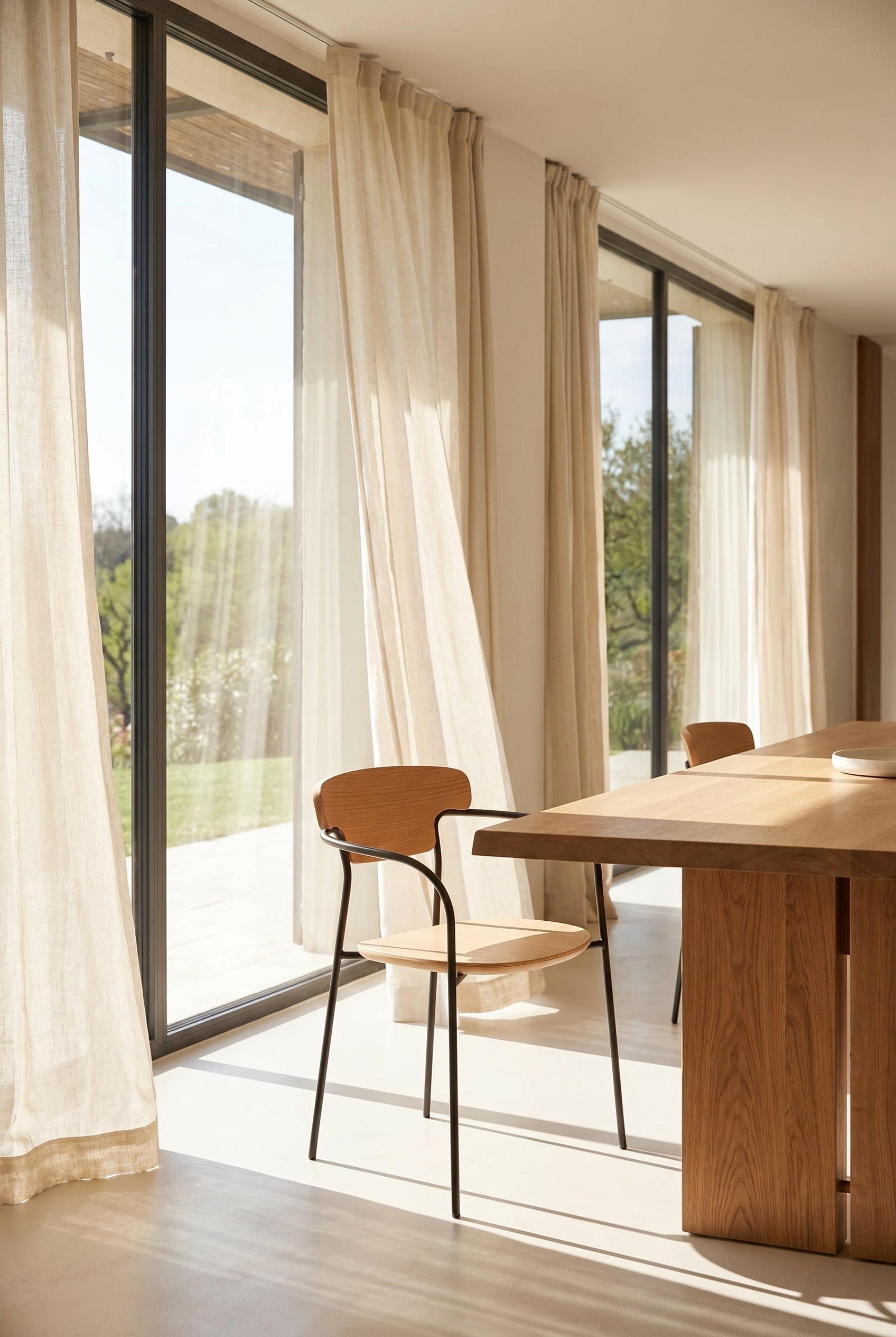 Salle à manger lumineuse avec chaise en bois filigrane en chêne clair et piètement en métal noir à la table à manger