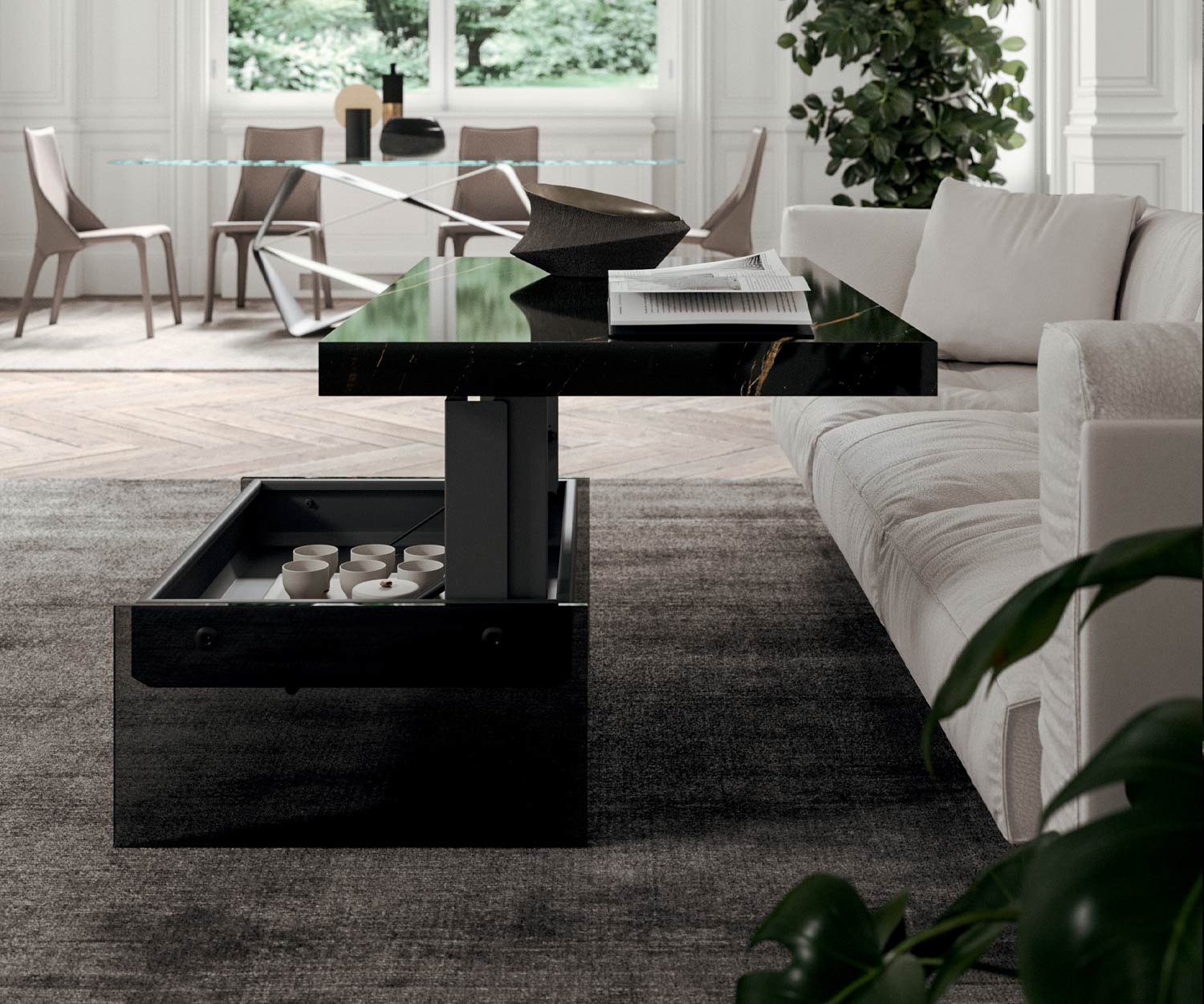 Salontafel Bellagio tafelblad marmer glas opklapbaar opbergvak Salontafel Bellagio tafelblad marmer glas opklapbaar opbergvak