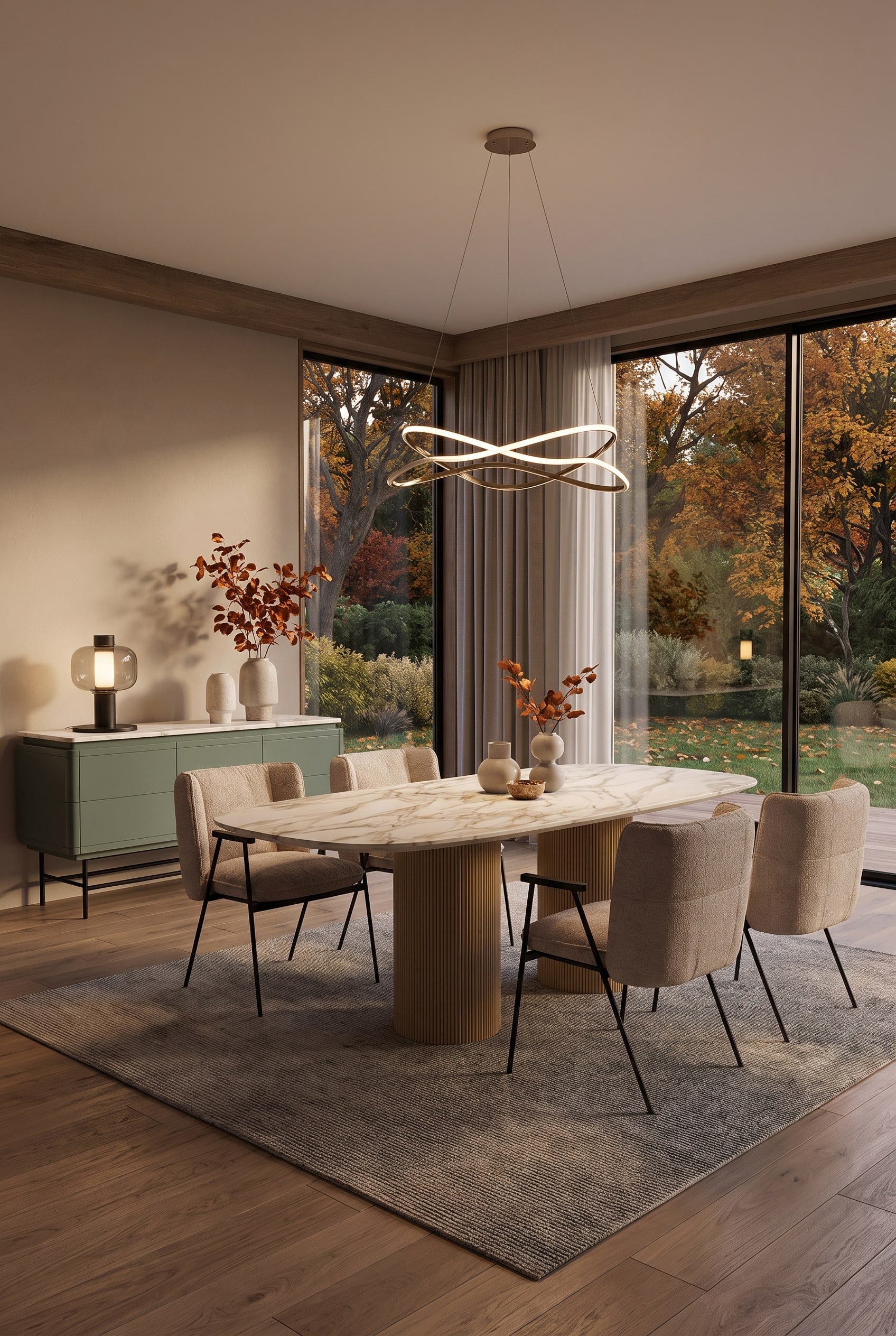 Une table &agrave; manger massive et sculpturale en bois forme le centre paisible d'une salle &agrave; manger moderne de style campagnard.