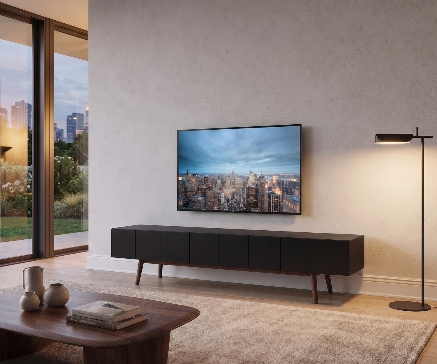 al2 TV-lowboard MOS-I-KO 005 B met houten poten al2 TV-lowboard MOS-I-KO 005 B in een moderne woonkamer. Mat zwart tv-meubel met elegante houten poten onder de tv.