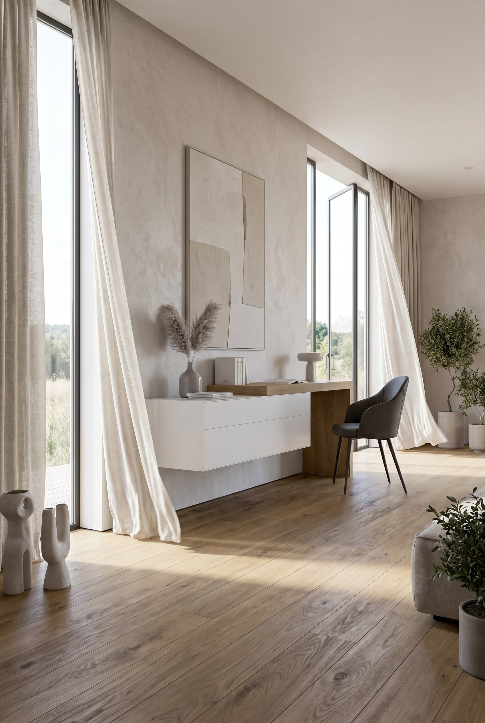 Longue commode murale suspendue horizontale dans un salon lumineux et luxueux.