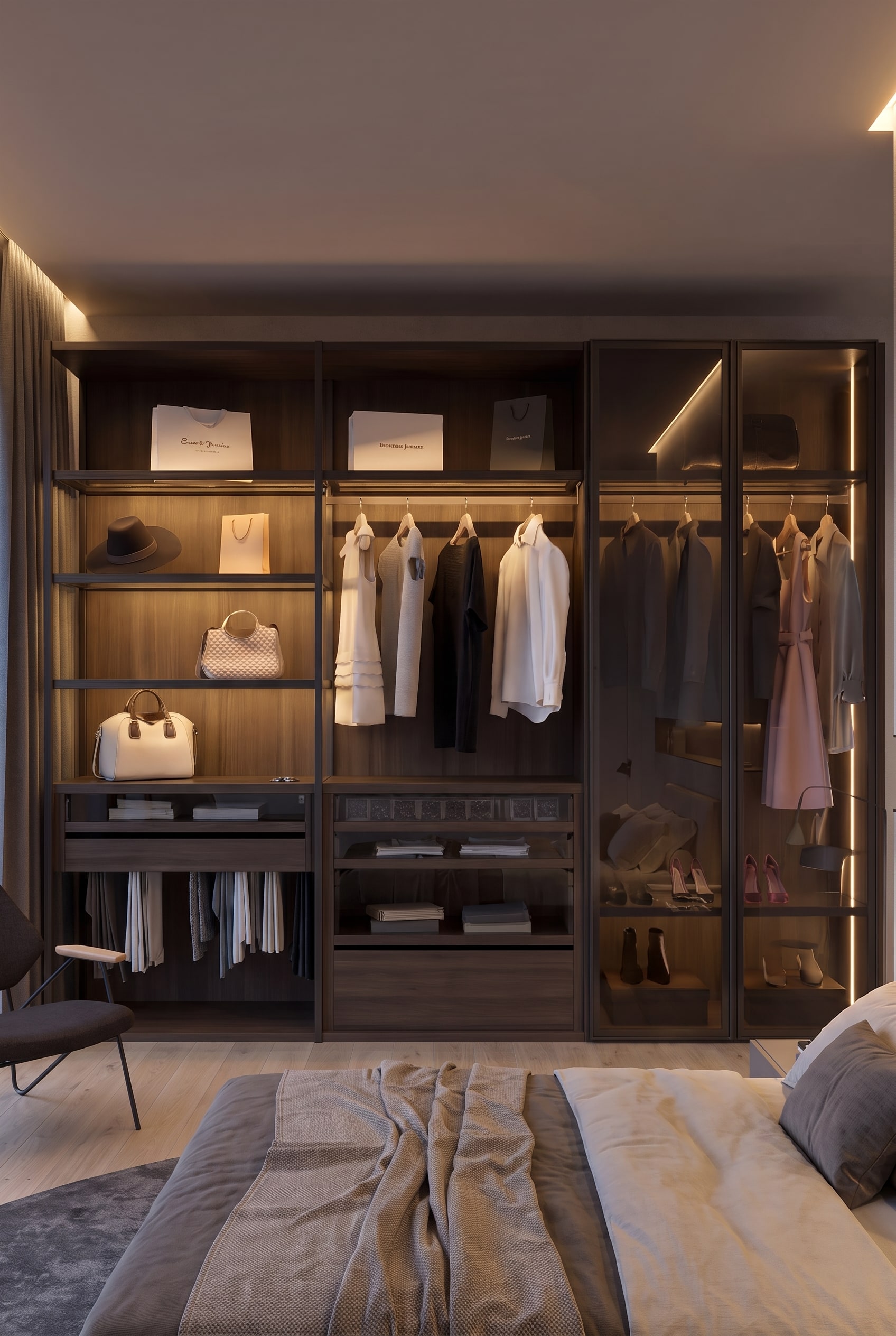 Vue frontale d'un grand syst&egrave;me de dressing avec un m&eacute;lange d'&eacute;tag&egrave;res ouvertes au centre et de portes vitr&eacute;es sur le c&ocirc;t&eacute; droit.