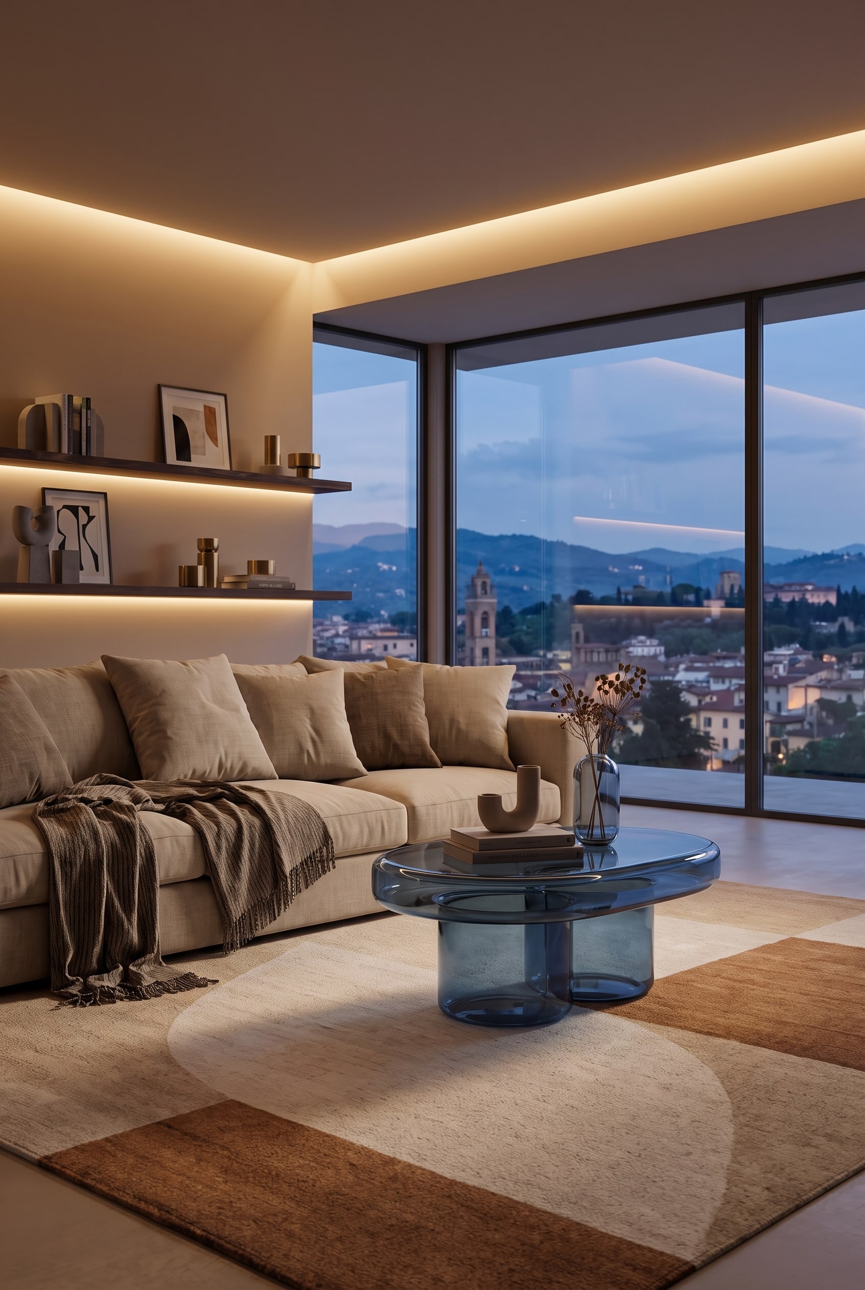 Salon de style galerie avec une table basse ovale sculpturale en verre, sur laquelle sont placés de manière minimaliste un seul beau livre et un vase.