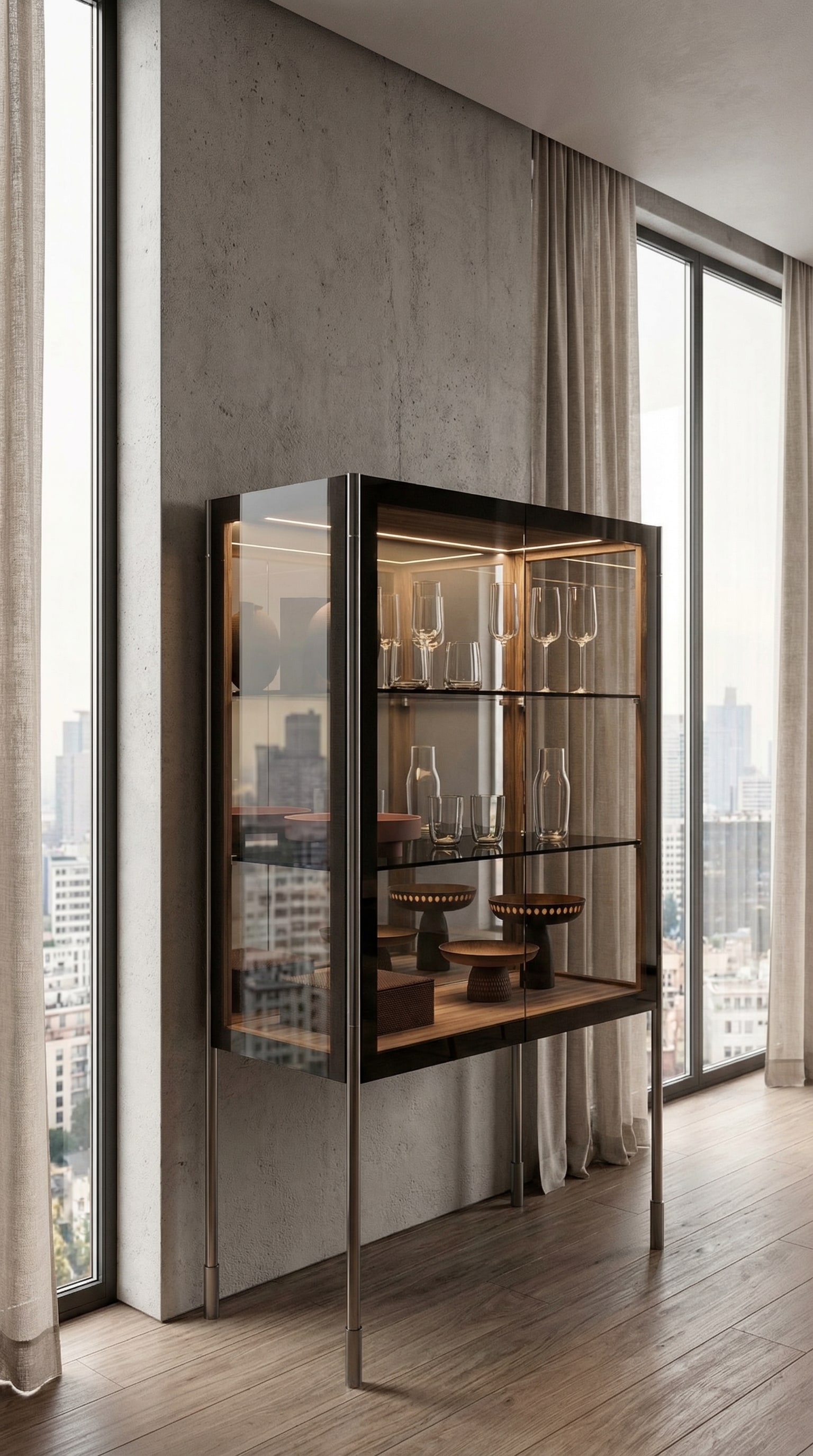 Capo d´Opera Spin Highboard glazen vitrine met gecureerde kunstobjecten binnenin. Capo d´Opera Spin Highboard glazen vitrine met gecureerde kunstobjecten binnenin.