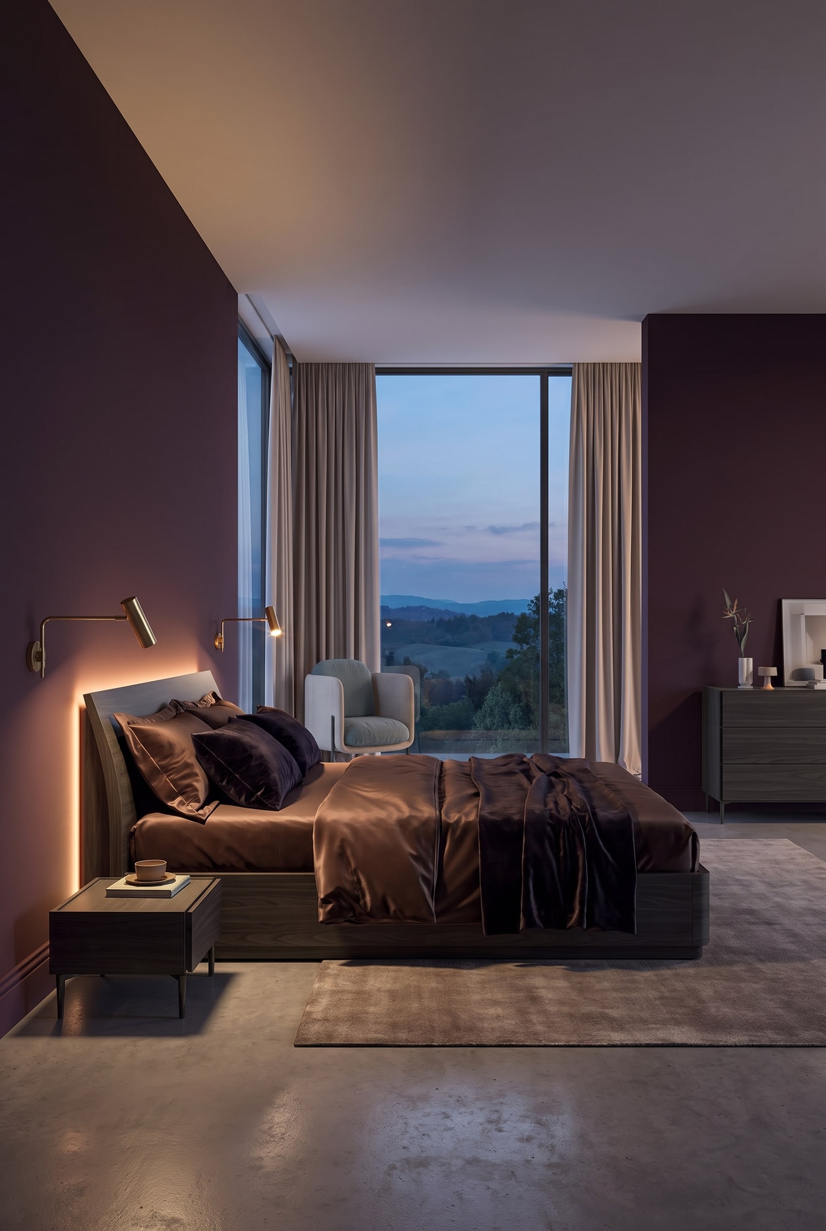 Chambre luxueuse en aubergine avec un lit en bois marron fonc&eacute; et un &eacute;clairage mural indirect