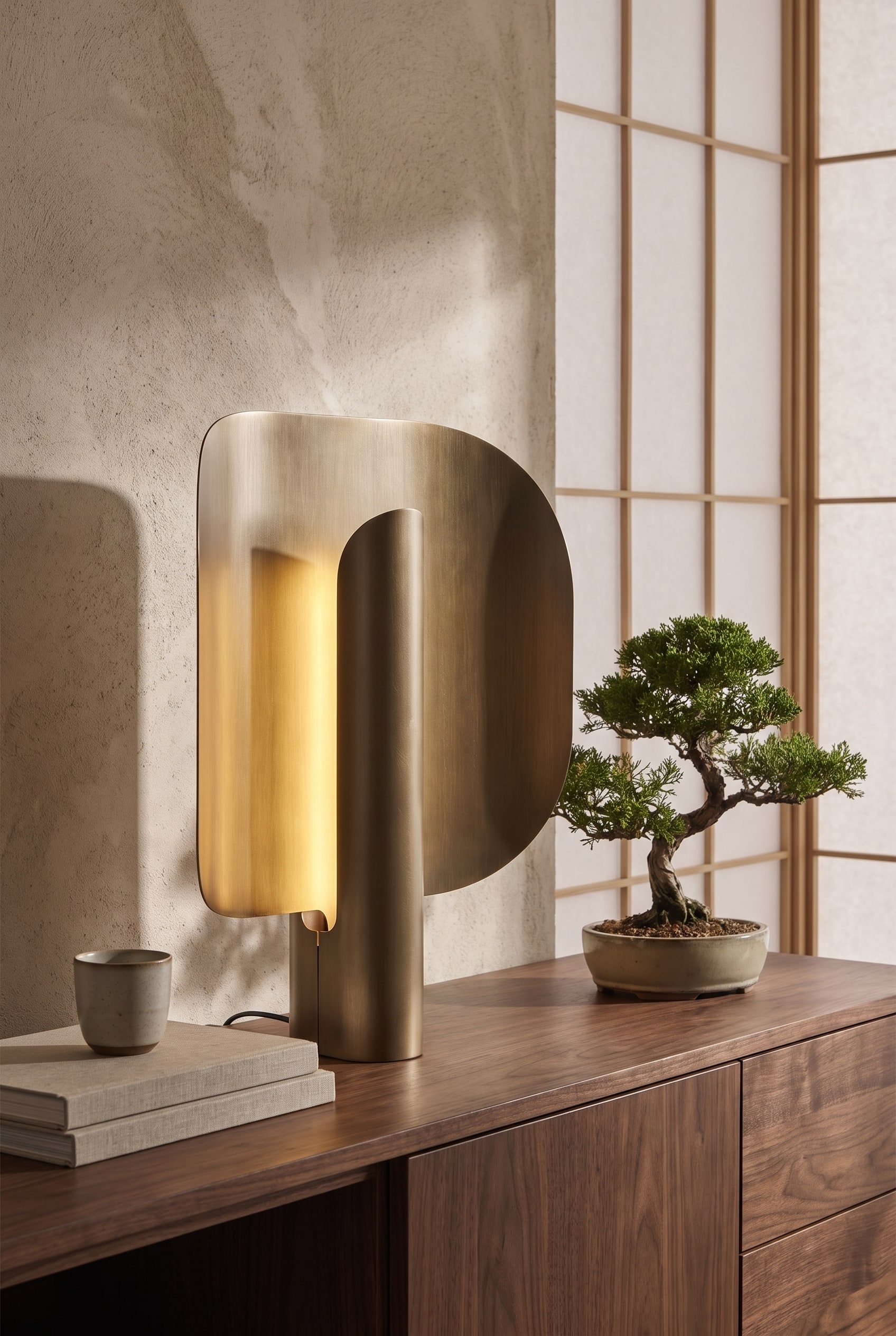 Gros plan d'un buffet en noyer avec une lampe de table &agrave; abat-jour en bois diffusant une lumi&egrave;re chaude