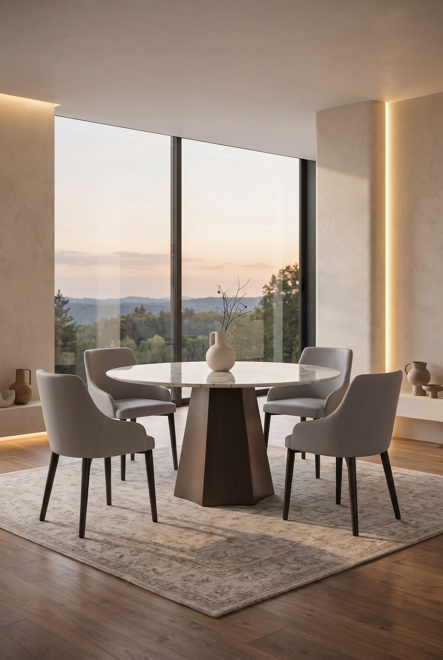 Une salle à manger luxueuse avec la table à manger ronde en céramique Livitalia Poliedro comme pièce maîtresse élégante.