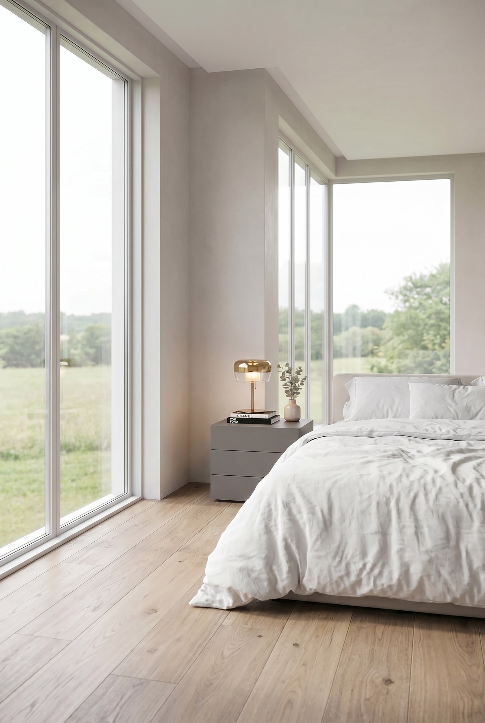 Une chambre à coucher rangée et meublée de façon moderne, avec un accent sur le rangement harmonieux à côté du lit.