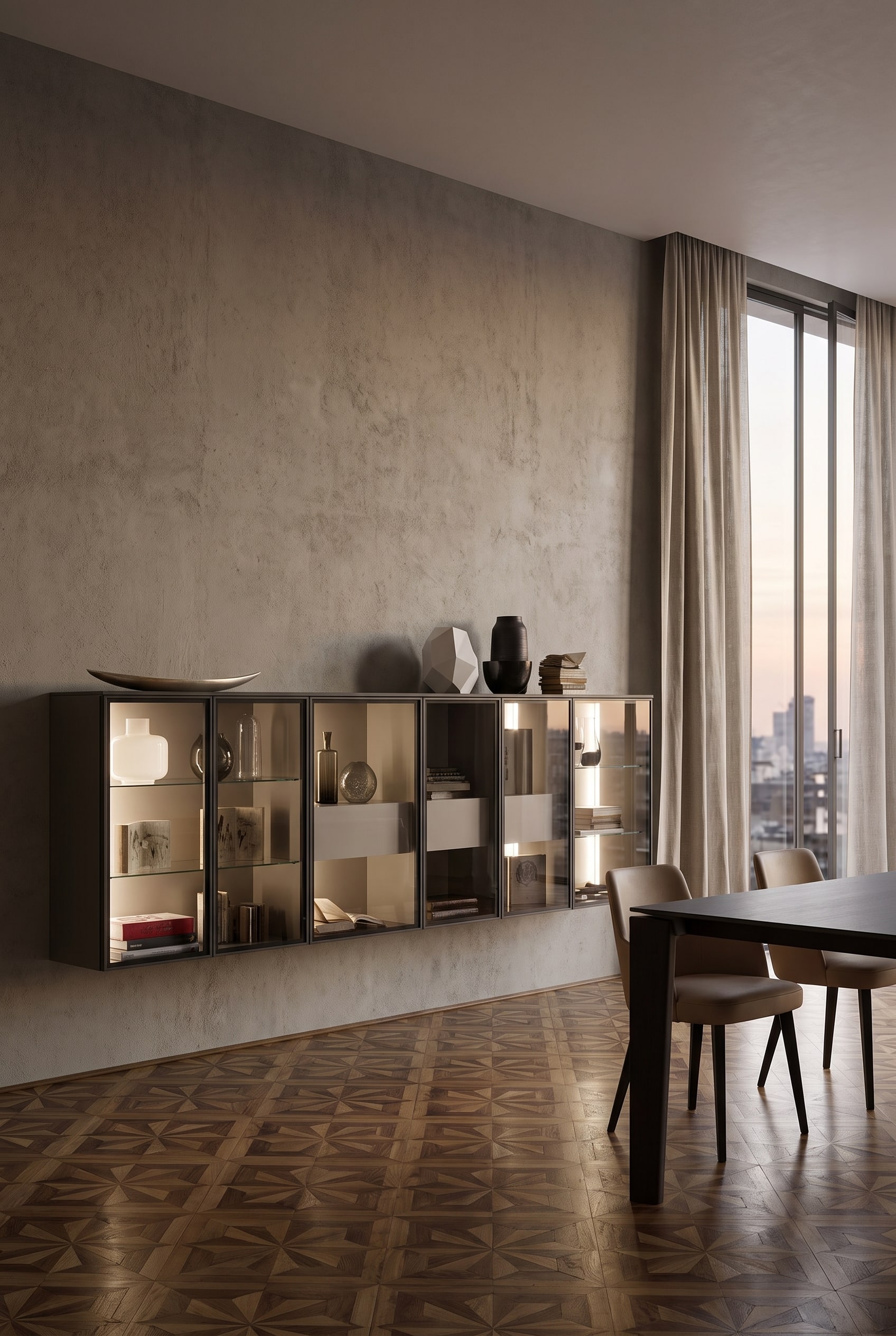 Salon luxueux avec vitrine en verre suspendue avec cadre en aluminium foncé et art céramique