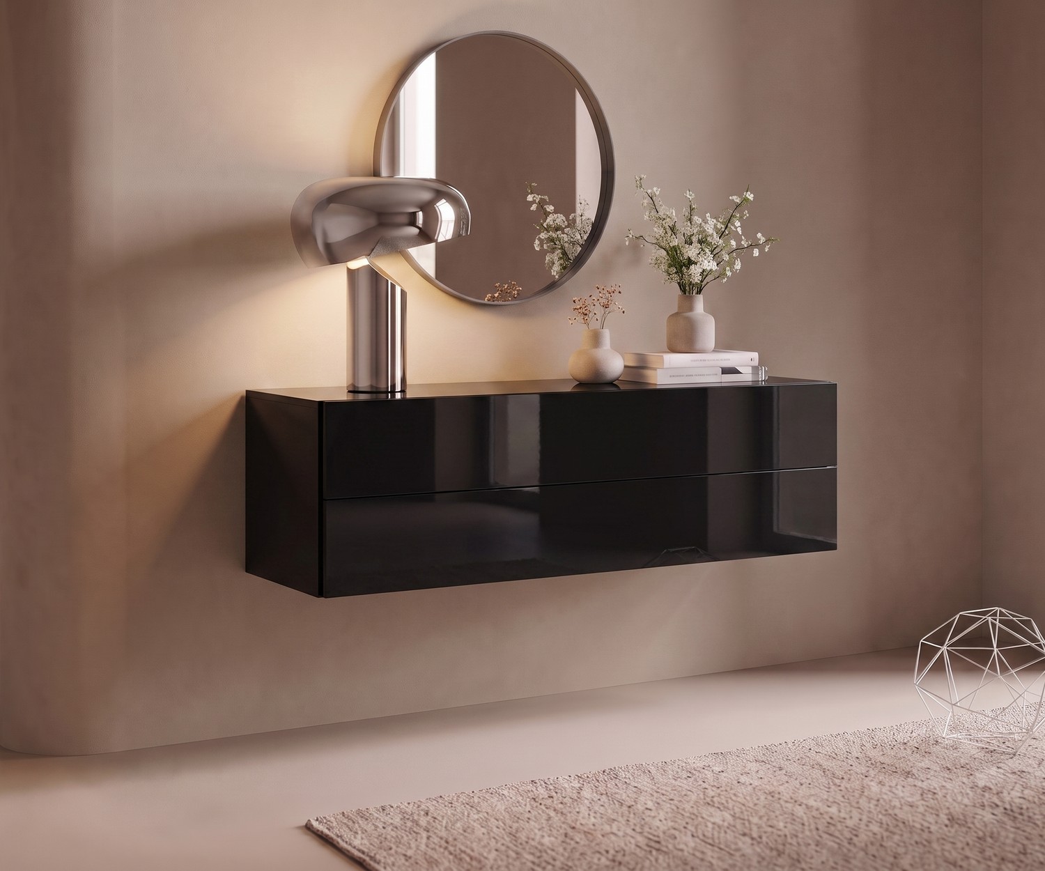 Commode suspendue noire Easy par Novamobili Commode suspendue Easy par Novamobili pour l'entrée en noir brillant, au design minimaliste et contemporain.