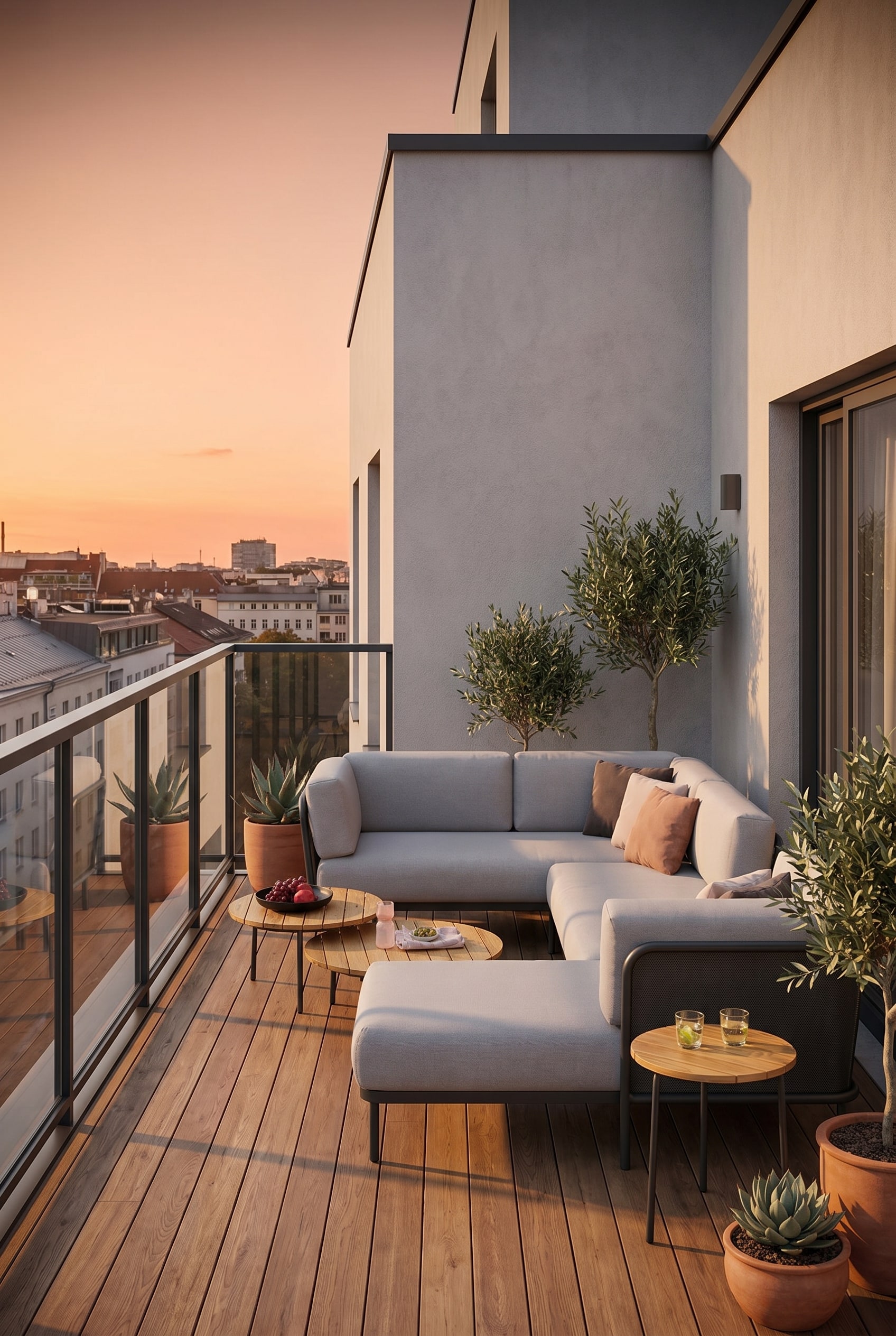 Balcon urbain moderne avec un canap&eacute; d'ext&eacute;rieur bas gris clair et une structure filigrane devant une fa&ccedil;ade de maison enduite &agrave; la lumi&egrave;re du soir