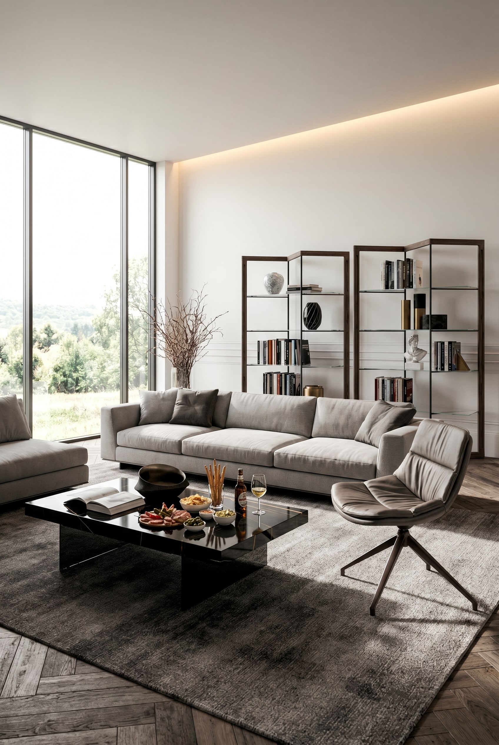 Salon moderne avec une table basse rectangulaire g&eacute;n&eacute;reuse Ozzio Bellagio en verre et bois, plac&eacute;e devant un &eacute;l&eacute;gant canap&eacute; en tissu