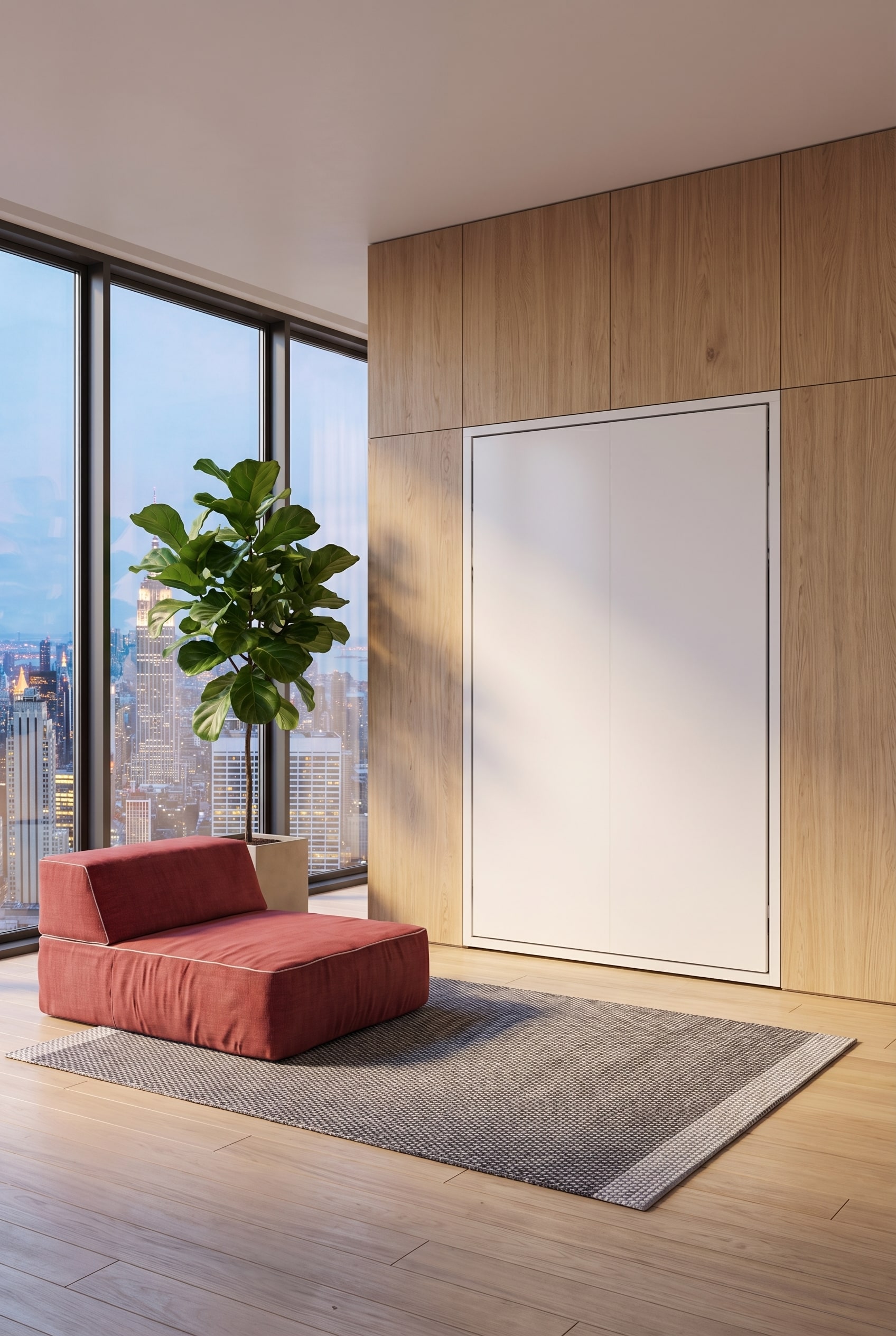 Espace minimaliste avec une armoire-lit enti&egrave;rement int&eacute;gr&eacute;e et affleurante, qui ressemble &agrave; un lambris mural luxueux.