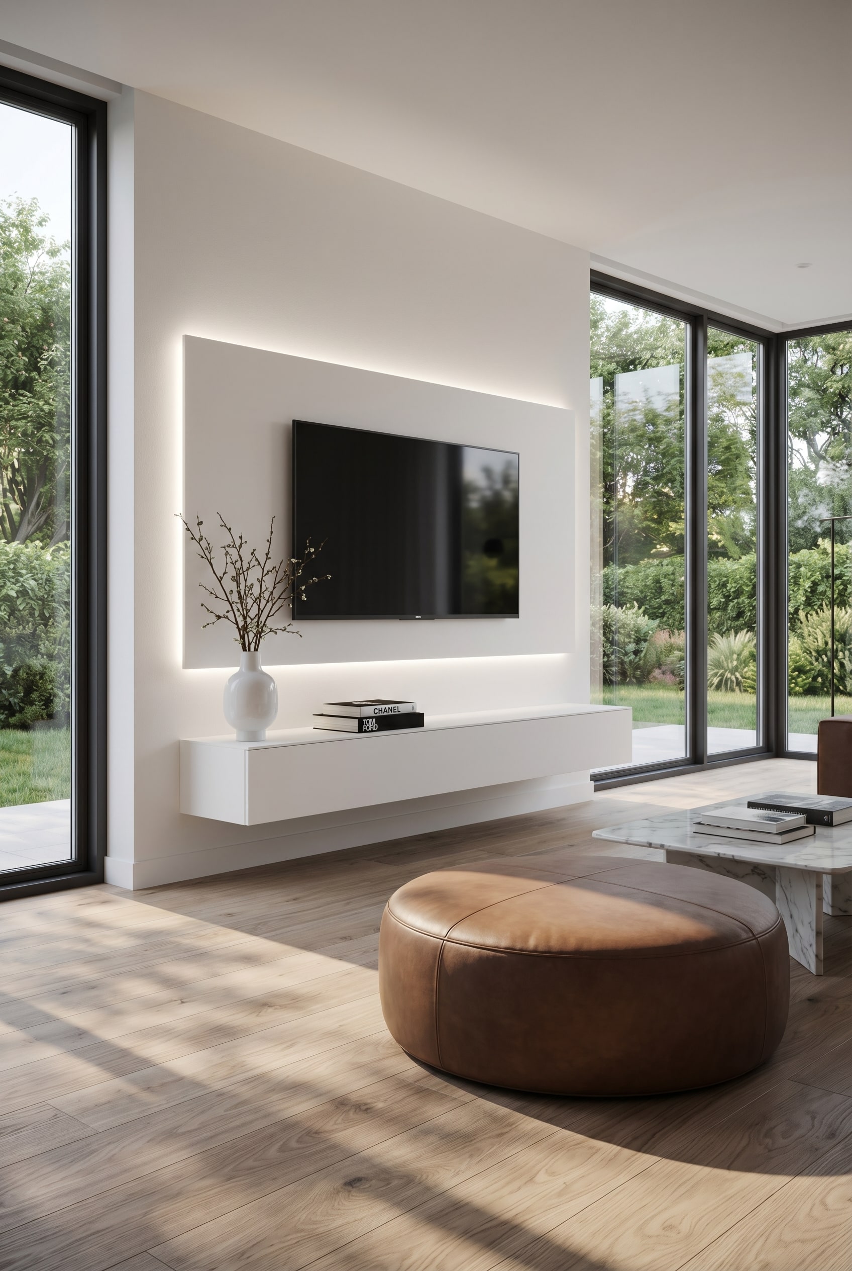 Meuble TV mural flottant Super dans un salon de luxe minimaliste et lumineux Meuble TV mural flottant Super dans un salon de luxe minimaliste et lumineux