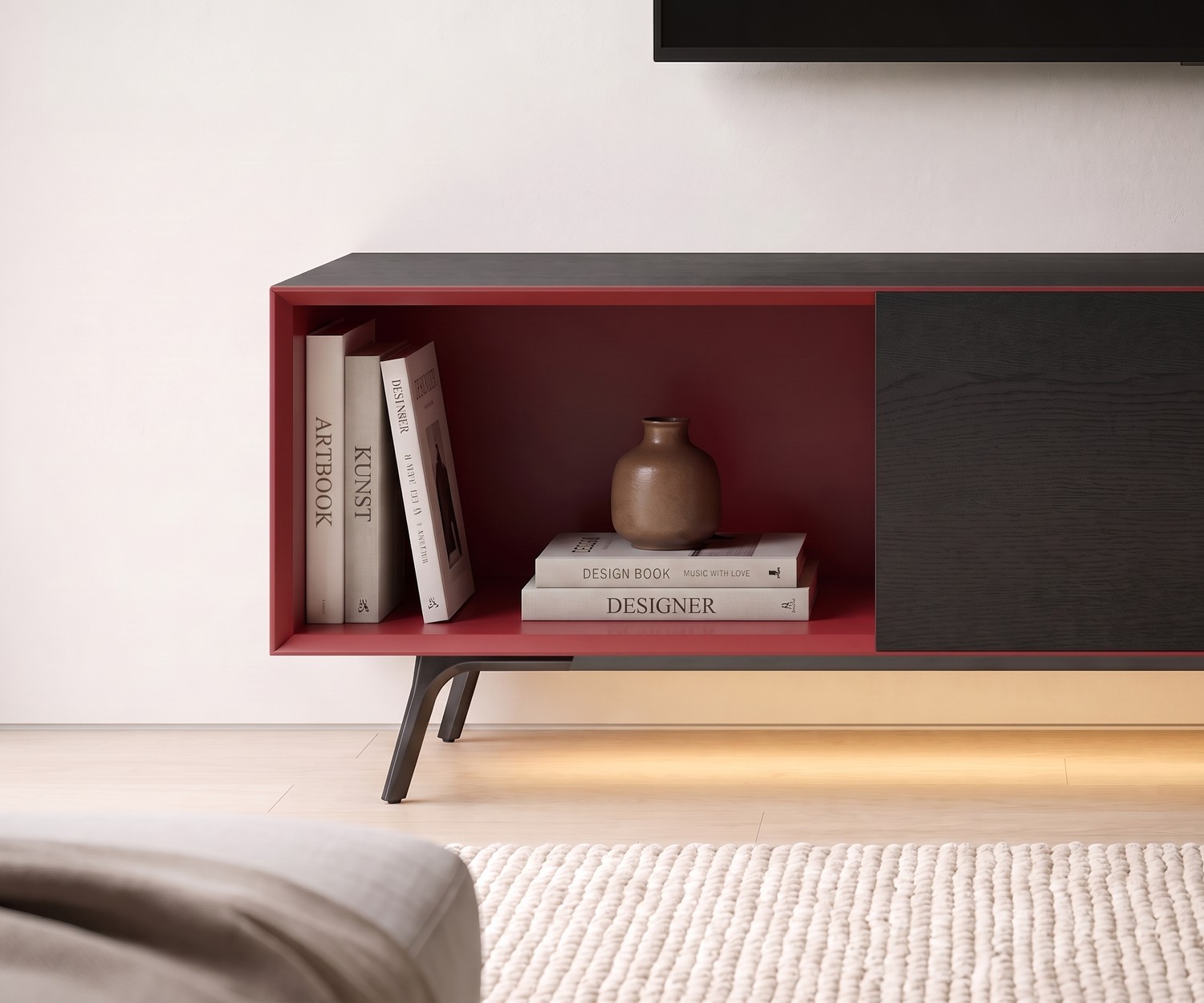 Livitalia Minimal Lowboard in Donker Eiken Livitalia Minimal lowboard TV-meubel met rood open vak en donker eiken in een moderne woonkamer.