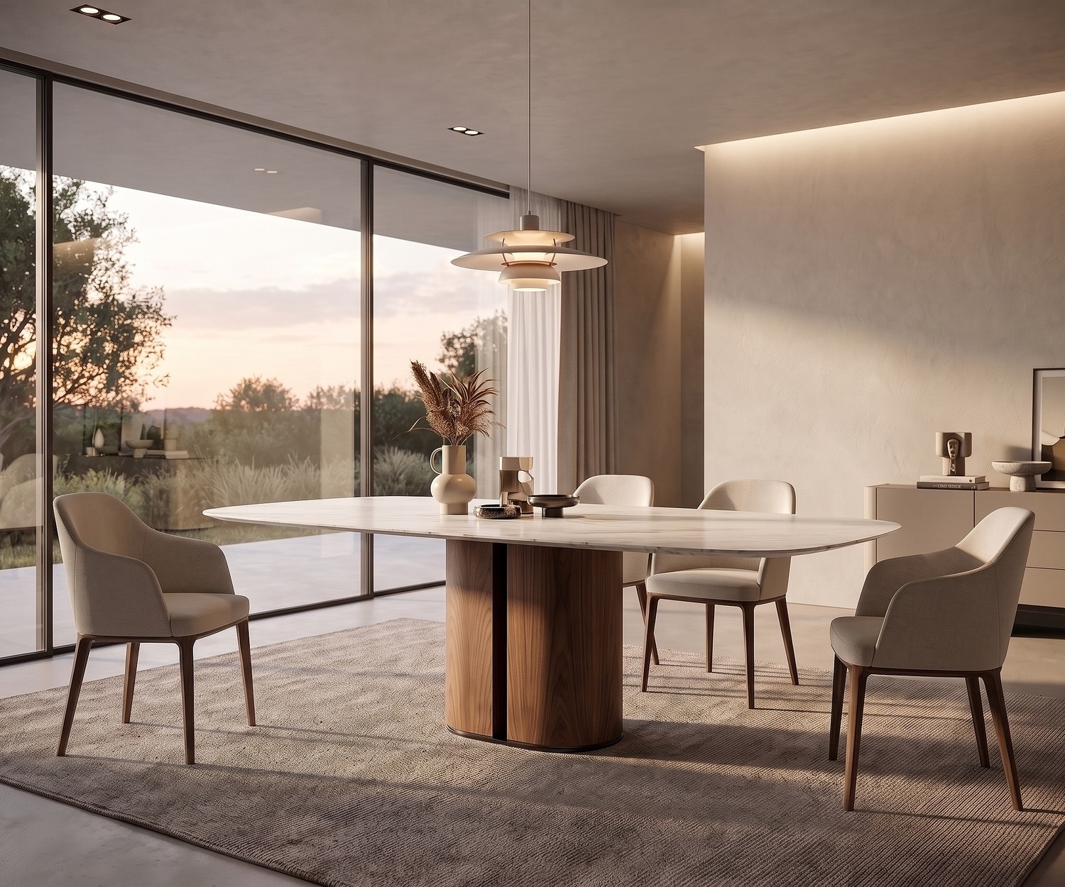 al2 el-it c 001 eettafel in een moderne eetkamer. Ovale designtafel met houten zuilvoet en wit marmeren blad.