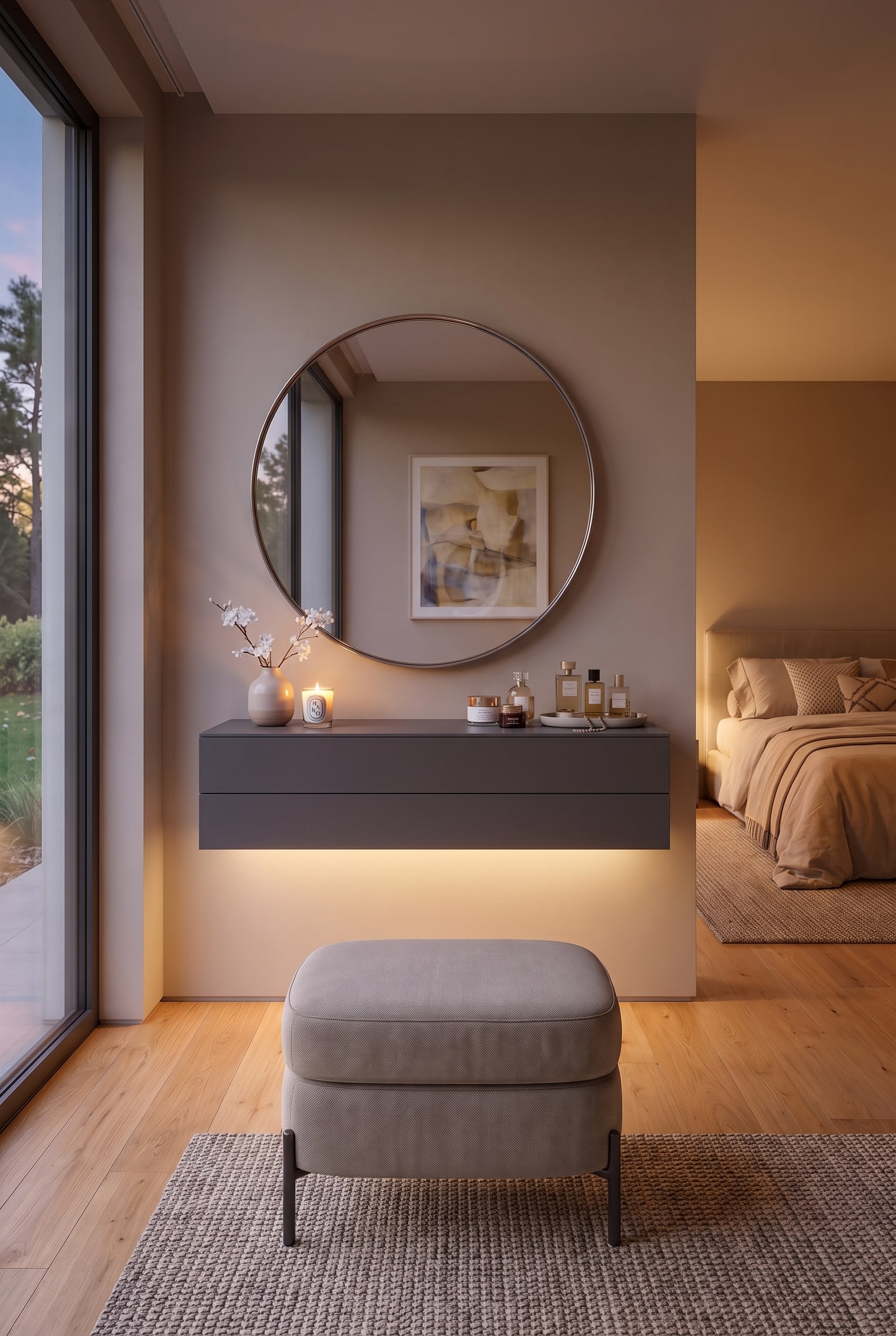 Commode murale anthracite utilis&eacute;e comme coiffeuse dans la chambre avec un miroir rond, une bougie et un pouf gris.