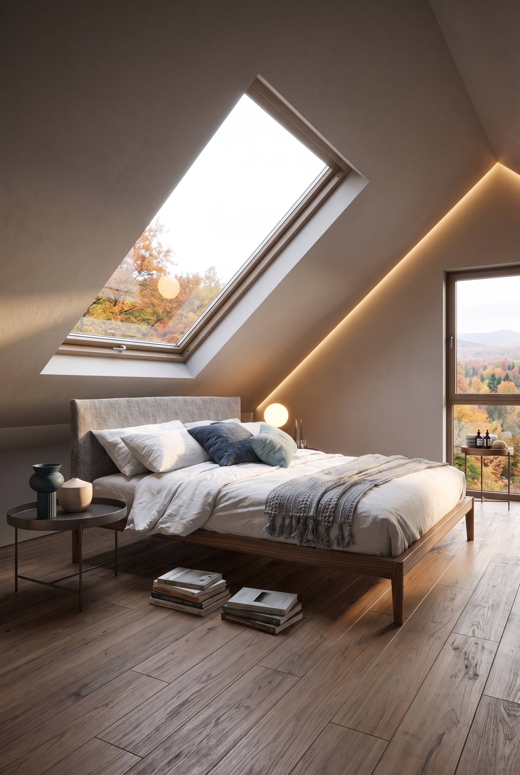 Chambre moderne mansard&eacute;e avec lit bas en bois de ch&ecirc;ne, plaid en laine fine et douce lumi&egrave;re d'automne &agrave; travers la fen&ecirc;tre