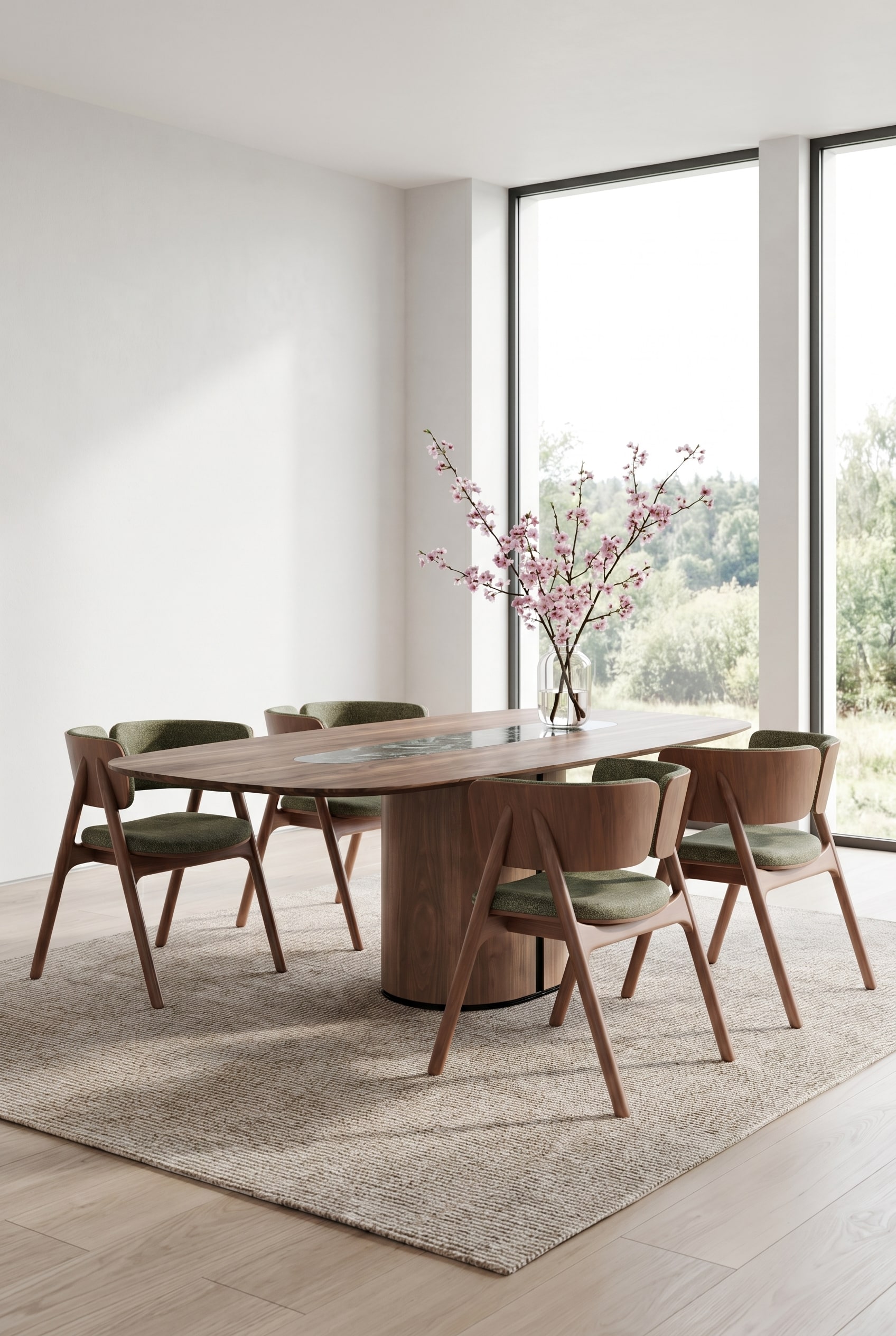Grande table en bois avec un piètement marquant et une plaque en pierre naturelle incrustée, décorée de discrètes branches printanières