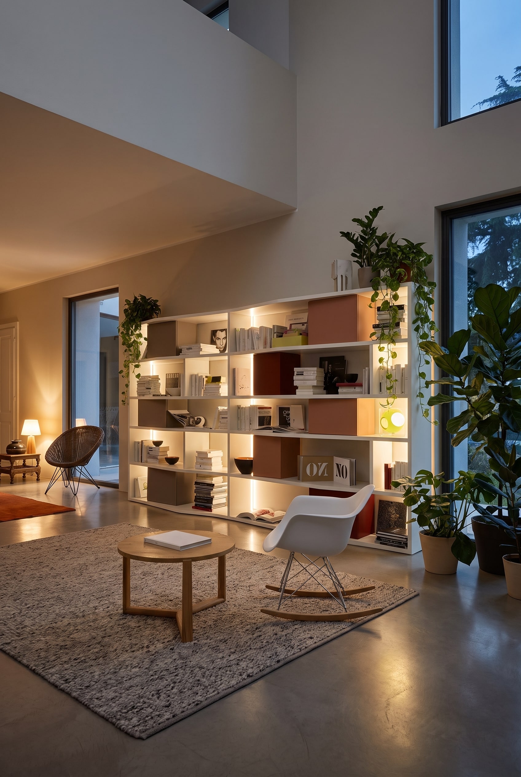Biblioth&egrave;que blanche toute hauteur avec des bo&icirc;tes color&eacute;es int&eacute;gr&eacute;es dans un grand salon loft lumineux