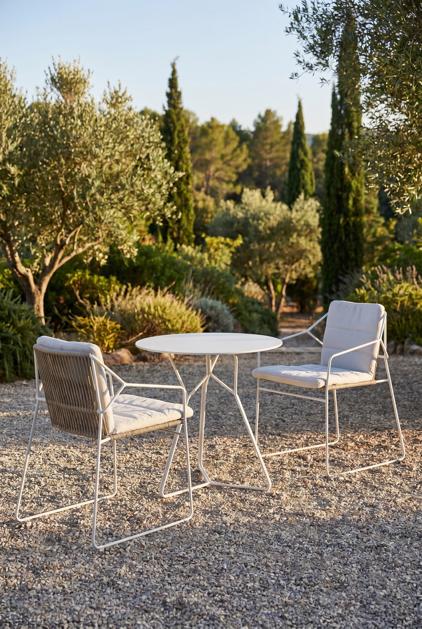 Terrasse m&eacute;diterran&eacute;enne sur sol en gravier sec avec des chaises de jardin blanches minimalistes en acier inoxydable et tressage en corde